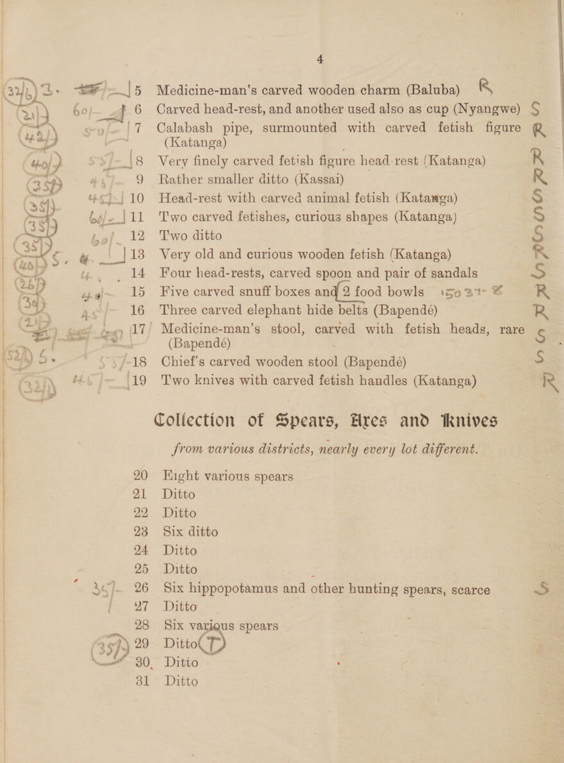  20 21 22 23 24 25 26 27 4 Medicine-man’s carved wooden charm (Baluba) &amp; Carved head-rest, and another used also as cup (Nyangwe) S Calabash pipe, surmounted with carved fetish figure R (Katanga) Very finely carved fetish ficure head-rest {Katanga) Rather smaller ditto (Kassai) Head-rest with carved animal fetish (Katawega) Two carved fetishes, curious pees (Katanga) T'wo ditto Very old and curious wooden fetish ( cro Four head-rests, carved spoon and pair of sandals Five carved snuff boxes and 2 food bowls ise 3%- @ Three carved elephant hide belts (Bapendé) PRANAMOHOARW (Bapende) Chief's carved wooden stool (Bapende) | S Two knives with carved fetish handles (Katanga) IR from various districts, nearly every lot different. Eight various spears Ditto Ditto Six ditto Ditto Ditto : Six hippopotamus and other hunting spears, scarce > Ditto Six various spears Ditto( 7