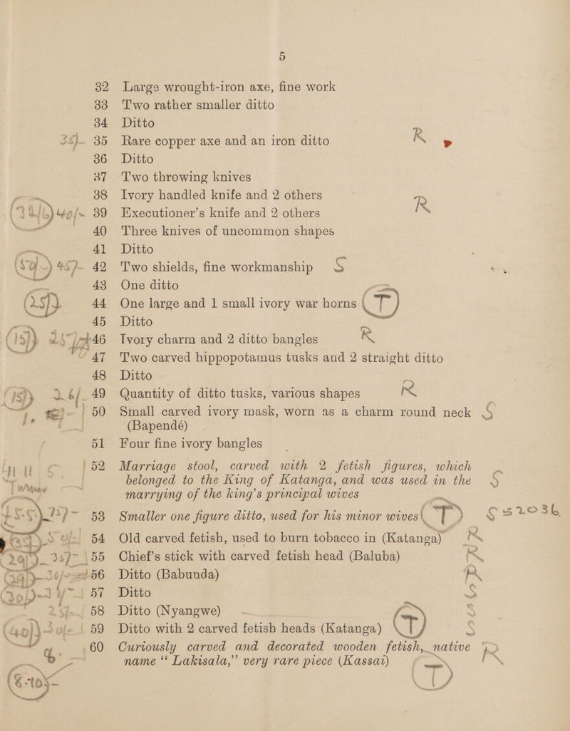  ae 45 f 3) Ls [pp46 ce Fs ~ AT 48 Sy 26 ( : 49 — #~ | 50 On was 51 eu = 39)-24/2 Sop =3 1 57 — 3 ‘ . 58 a, d, . 3 60 ae 5 Large wrought-iron axe, fine work Two rather smaller ditto Ditto : Rare copper axe and an iron ditto R e Ditto T'wo throwing knives Ivory handled knife and 2 others Executioner’s knife and 2 others Three knives of uncommon shapes Ditto - Two shields, fine workmanship S One ditto oe  One large and 1 small ivory war horns | 7 Ditto Tvory charm and 2 ditto bangles R T'wo carved hippopotamus tusks and 2 straight ditto Ditto = Quantity of ditto tusks, various shapes R : Small carved ivory mask, worn as a charm round neck § (Bapende) Four fine ivory bangles Marriage stool, carved with 2 fetish figures, which pease the King of Katanga, and was used in the 3 marrying of the king’s principal wives ; Smaller one figure ditto, used for his minor wives | > os ts Old carved fetish, used to burn tobacco in (Katanéay ® Chief’s stick with carved fetish head (Baluba) i Ditto (Babunda) : an Ditto Ss Ditto (Nyangwe) y tk > Ditto with 2 carved fetish heads (Katanga) ‘ oP | S Curiously carved and decorated wooden fetish, native name “ Lakisala,” very rare piece (Kassat) / 4° ~~ * 4 See \ { i ) * } ee ‘ |