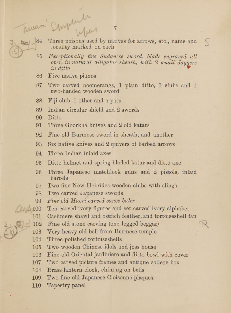 86 87 88 89 90 ot 92 93 94 95 96 97 98 99 2eA200 = Od -| 102 103 104 105 106 107 108 109 110  i] Lay r. * § : : d en ‘ fa ik bs : Three poisons ‘used by natives for arrows, etc., name and locality marked on each | EHaceptionally fine Sudanese sword, blade engraved all over, in natural alligator sheath, with 2 small BEES un ditto Five native pianos Two carved boomerangs, 1 plain ditto, 3 clubs and 1 two-handed wooden sword Fiji club, 1 other and a patu Indian cireular shield and 2 swords Ditto Three Goorkha knives and 2 old katars Fine old Burmese sword in sheath, and another Six native knives and 2 quivers of barbed arrows Three Indian inlaid axes Ditto helmet and spring bladed katar and ditto axe Three Japanese matchlock guns and 2 pistols, inlaid barrels Two fine New Hebrides wooden ciubs with slings T'wo carved Japanese swords Fine old Maori carved canoe baler Ten carved ivory figures and set carved ivory alphabet Cashmere shawl and ostrich feather, and tortoiseshell fan Fine old stone carving (one legged beggar) : ne Very heavy old bell from Burmese temple Three polished tortoiseshells T'wo wooden Chinese idols and joss house Fine old Oriental jardiniere and ditto bowl with cover T'wo carved picture frames and antique college box Brass lantern clock, chiming on bells Two fine old Japanese Cloisonné plaques: Tapestry panel