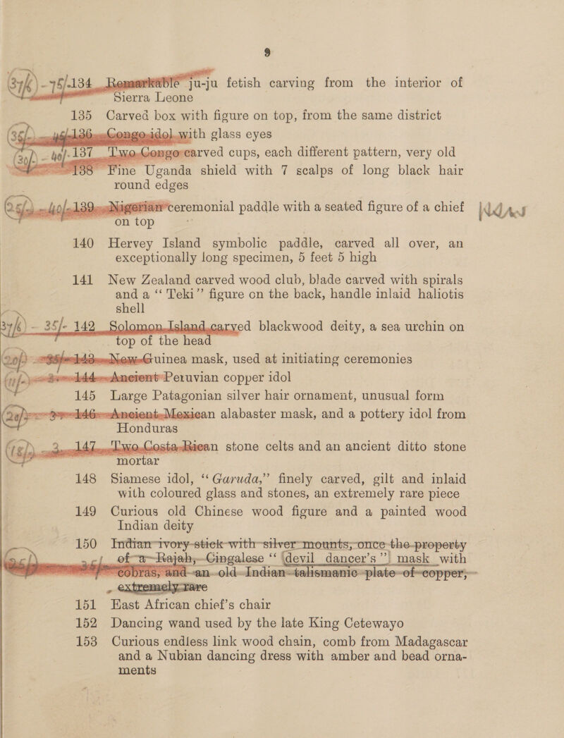      i eT arr Leone 135 Carved box with figure on top, from the same district pashan shield with 7 scalps of long biker hair round edges Nigérian ceremonial paddle with a seated figure of a chief  140 Hervey Island symbolic paddle, carved all over, an    y carved blackwood deity, a sea urchin on ae top of the reer, ea: eweGuinea mask, used at initiating ceremonies -d44-<-AnerentPeruvian copper idol 145 Large — silver hair ornament, unusual form L6--vine lexiean alabaster mask, and a pottery idol from   tadkaean stone celts and an ancient ditto stone   148 Siamese idol, ‘‘ Garuda,” finely carved, gilt and inlaid with coloured glass and stones, an extremely rare piece 149 Curious old Chinese wood figure and a painted wood Indian deity 150 Indian a with ~silver-mounts,-once the-property eee te ayal mgalese ” if {devil angers mask mask with   Wid Acs