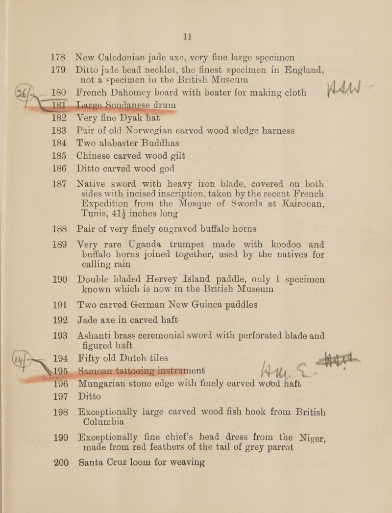      188 189   11 New Caledonian jade axe, very fine large specimen not a specimen in the British Museum French Dahomey board with beater for making cloth ane ese drum Pair of old Norwegian carved wood sledge harness T'wo alabaster Buddhas Chinese carved wood gilt Ditto carved wood god Native sword with heavy iron blade, covered on both sides with incised inscription, taken by the recent French Expedition from the Mosque of Swords at Kaironan, Tunis, 413 inches long Pair of very finely engraved buffalo horns Very rare Uganda trumpet made with koodoo and buffalo horns joined together, used by the natives for calling rain Double bladed Hervey Island paddle, only 1 specimen known which is now in the British Museum Two carved German New Guinea paddles Jade axe in carved haft Ashanti brass ceremonial sword with perforated blade and figured haft aes, old Dutch tiles Ditto Exceptionally large carved wood fish hook from British Columbia Exceptionally fine chief's head dress from the Niger, made from red feathers of the tail of grey parrot Santa Cruz loom for weaving 