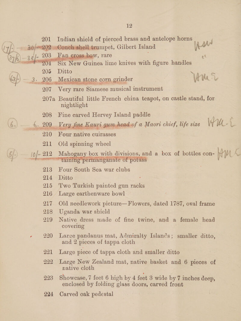    12 201 Indian shield of pierced brass and antelope horns an Ccrossebew, rare e “Six 1 as Guinea lime knives with figure handles 205 Ditto ee cee 3, 206 Mexican stone corn grinder WW - 207 oe rare eens musical instrument 207a Beautiful little French china teapot, on castle stand, for nightlight 208 Fine carved Hervey Island paddle : fine Kauri gum-headof a Maori chief, life size Wk. a 210 Poue ative cuirasses 211 Old spinning wheel Mahogi Pench   ‘edsrevinctt Pre guna gan ny box with divisions, and a box of bottles con- }  213 Four South Sea war clubs 214 Ditto : 215 ‘I'wo Turkish painted gun racks 216 Large earthenware bowl 217 Old needlework picture— Flowers, dated 1787, oval frame 218 Uganda war shield 219 Native dress made of fine twine, and a , female head covering 220 Large pandanus mat, Admiralty ae smaller ditto, and 2 pieces of tappa cloth 221 Large piece of tappa cloth and smaller ditto 222 Large New Zealand mat, native basket and 6 pieces of native cloth 223 Showcase, 7 feet 6 high by 4 feet 3 wide by 7 inches deep, enclosed by folding glass doors, carved front 224 Carved oak pedestal