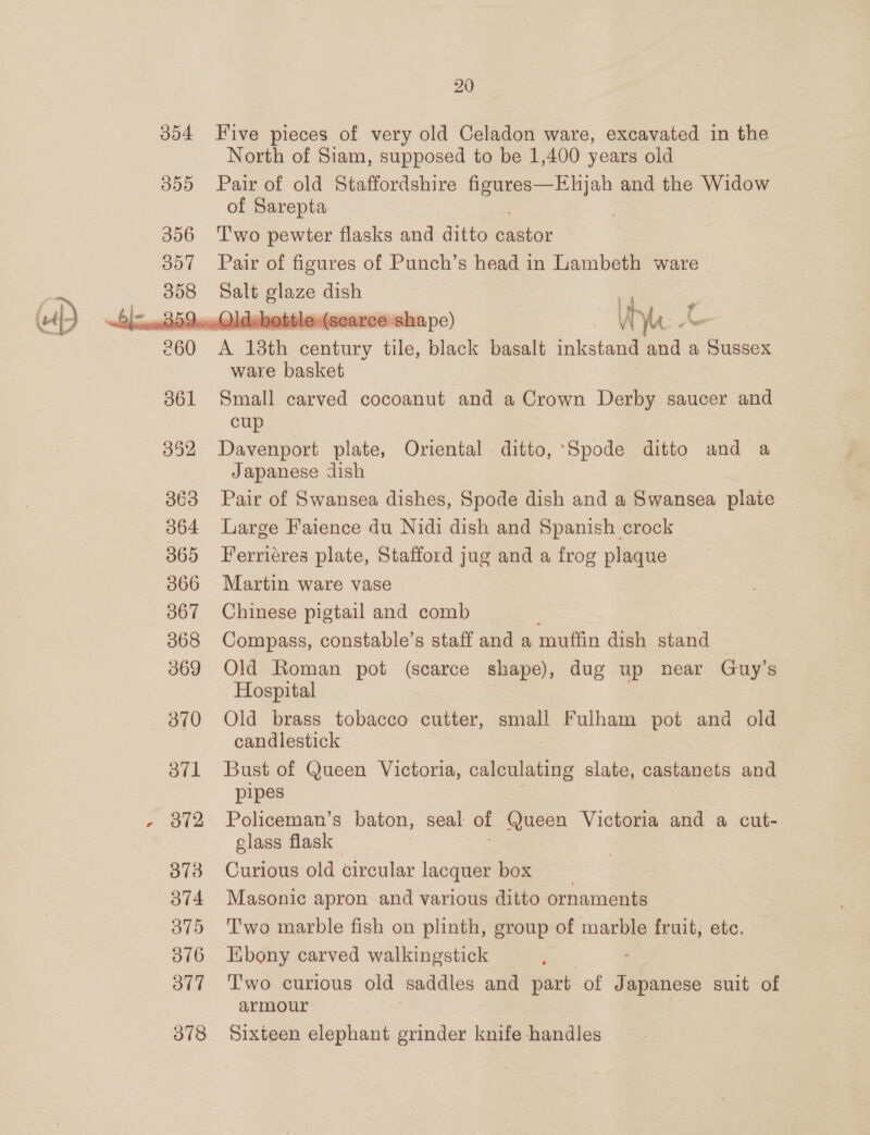 354  361 352 363 364 365 366 367 368 369 370 371 372 373 374 375 316 OT 378 20 Or tsearee “shape) Wy “s 4 - ware basket Small carved cocoanut and a Crown Derby saucer and cup Davenport plate, Oriental ditto, ‘Spode ditto and a Japanese dish Pair of Swansea dishes, Spode dish and a Swansea plate Large Faience du Nidi dish and Spanish crock Ferricres plate, Stafford jug and a frog plaque Martin ware vase Chinese pigtail and comb | Compass, constable’s staff and a muffin dish stand Old Roman pot (scarce shape), dug up near Guy’s Hospital Old brass tobacco cutter, small Fulham pot and old candlestick Bust of Queen Victoria, calculating slate, castanets and pipes Policeman’s baton, seal: of See Victoria and a cut- glass flask Curious old circular lacquer box Masonic apron and various ditto ornaments | Two marble fish on plinth, group of marble fruit, etc. Ebony carved walkingstick T'wo curious old ‘saddles and part of Japanese suit of armour Sixteen elephant grinder knife handles