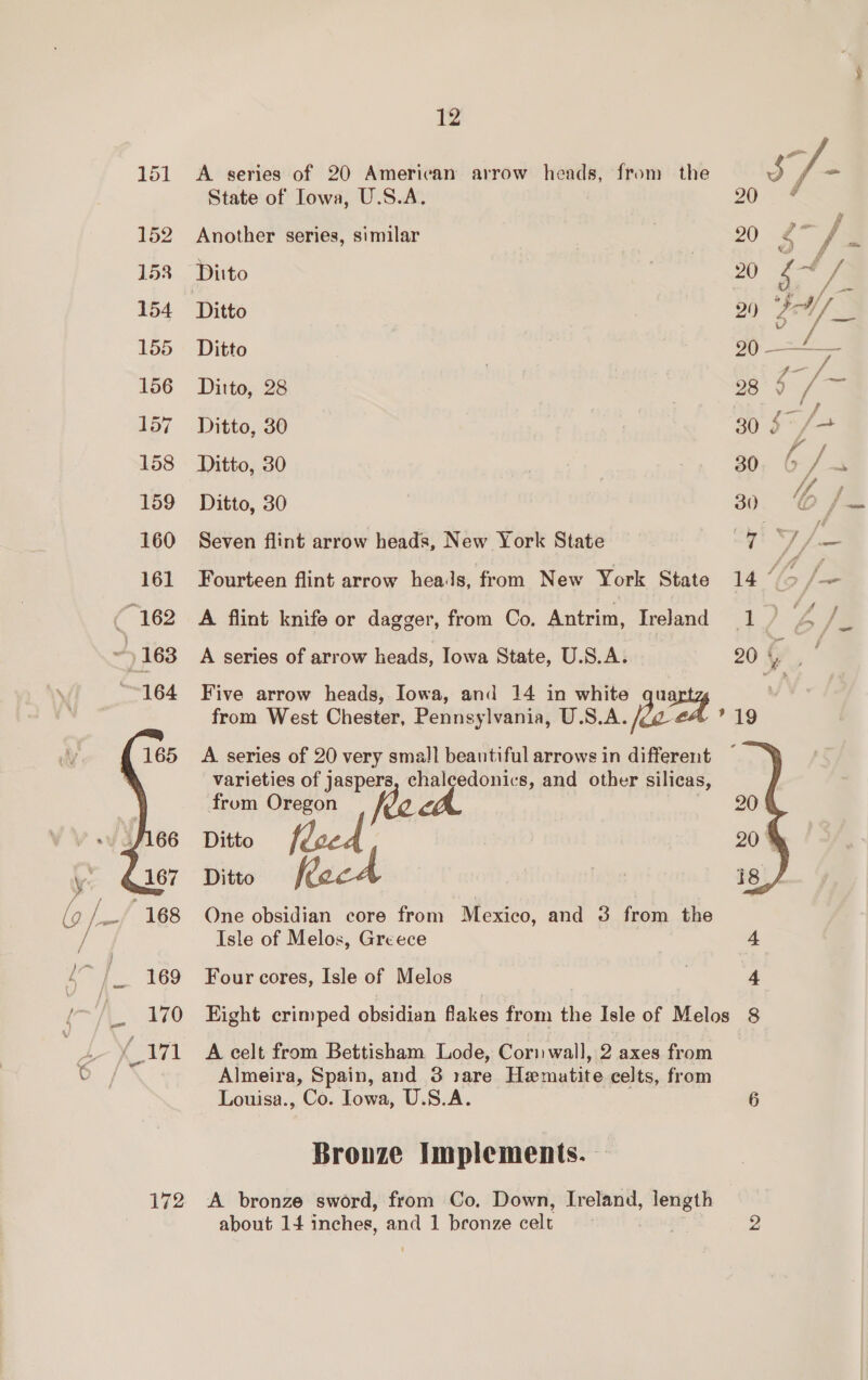 152 158 154 155 156 157 158 159 160 161 165 172 12 A series of 20 American arrow heads, from the State of Iowa, U.S.A. Another series, similar Ditto Ditto Ditto, 28 Ditto, 30 Ditto, 30 Ditto, 30 Seven flint arrow heads, New York State Fourteen flint arrow heals, from New York State A flint knife or dagger, from Co. Antrim, Ireland A series of arrow heads, Iowa State, U.S.A. Five arrow heads, Iowa, and 14 in white narlzs from West Chester, Pennsylvania, U.S.A. joo / A series of 20 very small beautiful arrows in different varieties of jaspers, chalcedonics, and other silicas, from Oregon hee Ditto floed Ditto ocd One obsidian core from Mexico, and 3 from the Isle of Melos, Greece Four cores, Isle of Melos A celt from Bettisham Lode, Cori wall, 2 axes from Almeira, Spain, and 3 :are Hemutite celts, from Louisa., Co. lowa, U.S.A. Bronze Implements. — A bronze sword, from Co. Down, Ireland, length about 14 inches, and 1 bronze cal 20 4 20 gf 20 $ me } by Pe : 2 fe 28 4V / 30 $* /+ 30, 6 / A 30. ‘@ 14 “lo J~ 1 , A 4 J 