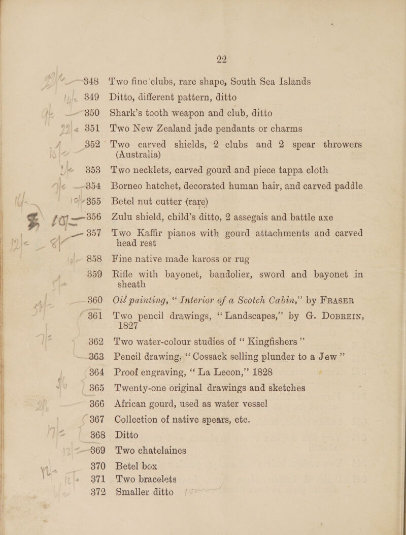 848 349 ~~ 390 _-B54 7 «B55 858 359 360 © 361 362 —362 364 365 366 367 368 --869 370 371 BYP” 22 T'wo fine’clubs, rare shape, South Sea Islands Ditto, different pattern, ditto Shark’s tooth weapon and club, ditto T'wo New Zealand jade pendants or charms Two carved shields, 2 clubs and 2 spear throwers (Australia) Two necklets, carved gourd and piece tappa cloth Borneo hatchet, decorated human hair, and carved paddle Betel nut cutter {rare) Zulu shield, child’s ditto, 2 assegais and battle axe Two Kaffir pianos with gourd attachments and carved head rest Fine native made kaross or rug Rifle with bayonet, bandolier, sword and bayonet in sheath Ovl painting, “ Intervor of a Scotch Cabin,” by FRASER Two pencil drawings, ‘‘ Landscapes,’ by G. DoBREIN, Two water-colour studies of ‘‘ Kingfishers ” Pencil drawing, ‘‘ Cossack selling plunder to a Jew ” Proof engraving, ‘‘ La Lecon,’’ 1828 Twenty-one original drawings and sketches African gourd, used as water vessel Collection of native spears, etc. Ditto Two chatelaines Betel box Two bracelets Smaller ditto