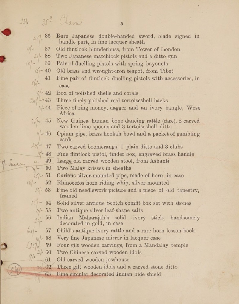 hia Aw 1% Lojf- 38 | \J- 40 41 LJ 42 2/48 lyn AA ne 46 i of s &amp;/ = AT It 48 Arr 50 ar » [yj Rare Japanese double-handed sword, blade signed in handle part, in fine lacquer sheath Old flintlock blunderbuss, from Tower of London Two Japanese matchlock pistols and a ditto gun Old brass and wrought-iron teapot, from Tibet Fine pair of flintlock duelling pistols with accessories, in case Box of polished shells and corals Three finely polished real tortoiseshell backs Piece of ring money, dagger and an ivory bangle, West Africa New Guinea human bone dancing rattle (rare), 2 carved wooden lime spoons and 3 tortoiseshell ditto Opium pipe, brass hookah bowl and a packet of gambling cards Two carved boomerangs, | plain ditto and 3 clubs Fine flintlock pistol, tinder box, engraved brass handle Large old carved wooden stool, from Ashanti Two Malay krisses in sheaths Curious silver-mounted pipe, made of horn, in case Rhinoceros horn riding whip, silver mounted Fine old needlework picture and a piece of old tapestry, framed Solid silver antique Scotch comfit box set with stones I'wo antique silver leaf-shape salts Indian Maharajah’s solid decorated in gold, in case Child’s antique ivory rattle and a rare horn lesson book Very fine Japanese mirror in lacquer case Four gilt wocden carvings, from a Mandalay temple Two Chinese carved wooden idols Old carved wooden josshouse ivory stick, handsomely 