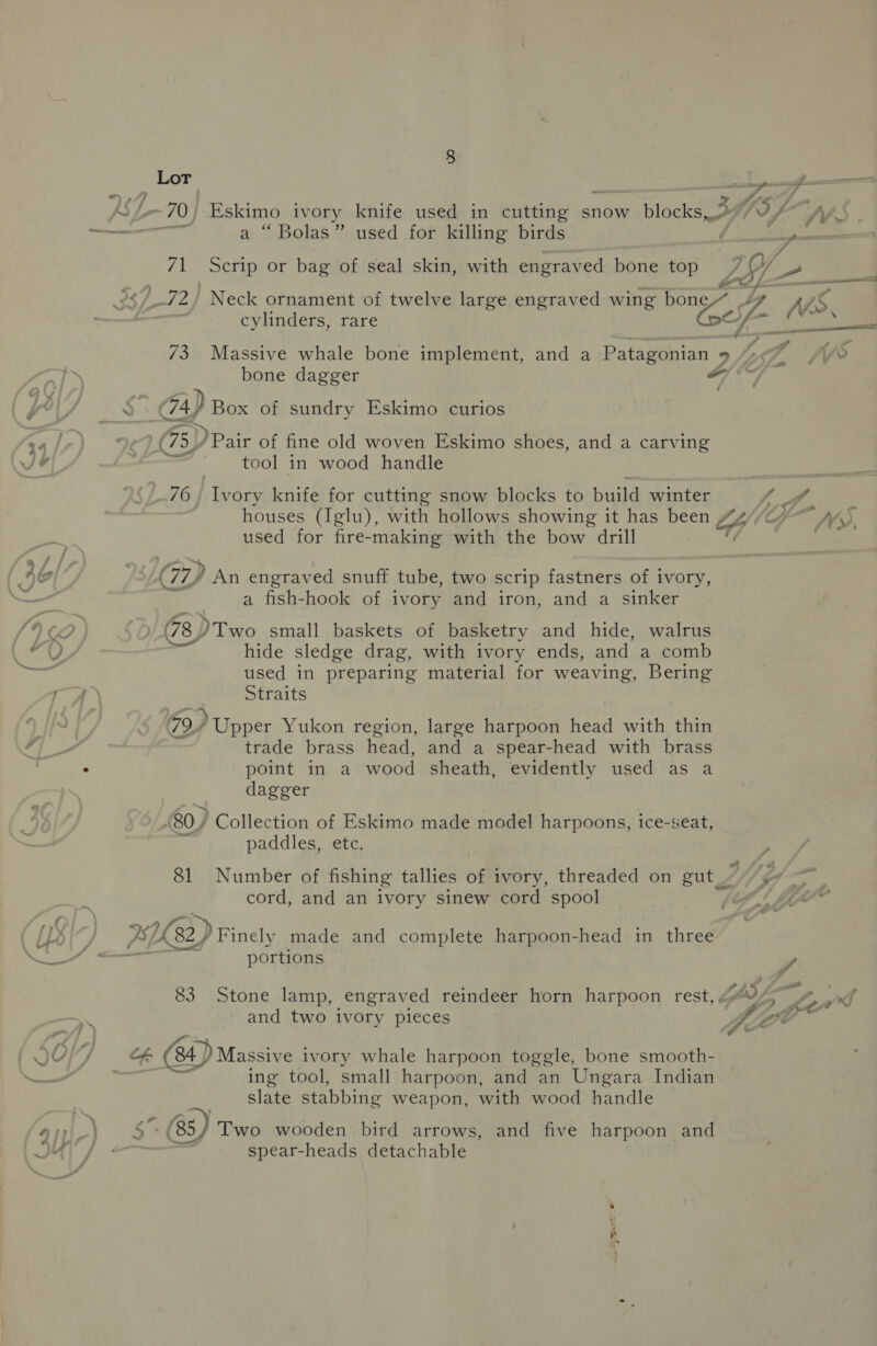 r od xs a “ Bolas” used for killing birds | 71 Scrip or bag of seal skin, with engraved bone top 7? 72, Neck ornament of twelve large engraved wing seat Y cylinders, rare f= 73 Massive whale bone implement, and a Patagonian ° bone dagger + 74) Box of sundry Eskimo curios fine 7) . . . (75_/ Pair of fine old woven Eskimo shoes, and a carving =~ tool in wood handle houses (Iglu), with hollows showing it has been 44 used for fire-making with the bow drill f (77) An engraved snuff tube, two scrip fastners of ivory, : a fish-hook of ivory and iron, and a sinker (78 JT wo small baskets of basketry and hide, walrus hide sledge drag, with ivory ends, and a comb used in preparing material for weaving, Bering Straits 79) Upper Yukon region, large harpoon head with thin | trade brass head, and a spear-head with brass point in a wood sheath, evidently used as a dagger 80) Collection of Eskimo made model harpoons, ice-seat, a paddles, etc. cord, and an ivory sinew cord spool portions and two ivory pieces ue ing tool, small harpoon, and an Ungara Indian slate stabbing weapon, with wood handle ce (33) Two wooden bird arrows, and five harpoon and spear-heads detachable A VY» -