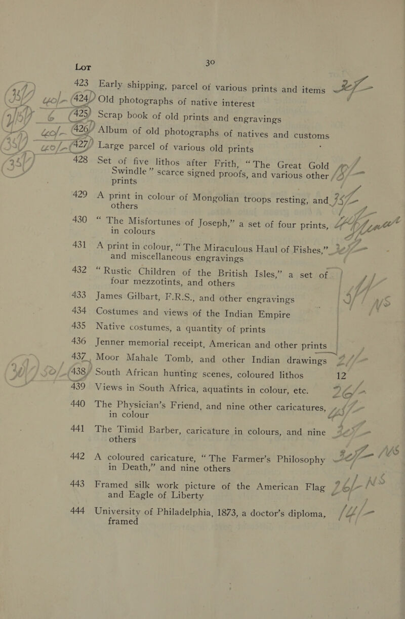 Lor : j 423 Early shipping, parcel of various prints and items ~ 4 Wh ; y Af “ol, 424)) Old photographs of native interest 9 |e ! (5) Scrap book of old prints and engravings 43 7 “eo G26) ’ Album of old photographs of natives and customs 44/4 > ez) Large parcel of various old prints 428 = Set of Mave lithosMattér” Brith” “The ‘Great. Gold ID? Swindle ” scarce signed proofs, and various other Bf prints 429 A print in colour of Mongolian troops resting, and_ 757 others }. gA5 vy V4 ; A 430 “ The Misfortunes of Joseph,” a set of four prints, 27 A pre in colours AL 431 A print in colour, “The Miraculous Haul of Fishes,” _ %#/— and miscellaneous engravings 432 “Rustic Children of the British Isles,’ a set of 4] four mezzotints, and others | A 433 James Gilbart, F.R.S., and other engravings J/ WS 434 Costumes and views of the Indian Empire 7 435 Native costumes, a quantity of prints 436 Jenner memorial receipt, American and other prints a a # 437, Moor Mahale Tomb, and other Indian drawings ¢ ” 438, South African hunting scenes, coloured lithos jo 439 Views in South Africa, aquatints in colour, etc. 26 | 440 The Physician’s Friend, and nine other caricatures, +-¢ : in colour 5 > 441 The Timid Barber, caricature in colours, and nine others 4 ea? A ee) 8 ff {i 442 A coloured caricature, “ The Farmer’s Philosophy tied in Death,” and nine others a//_NS 443 Framed silk work picture of the American Flag Lor tl and Eagle of Liberty / , 444 University of Philadelphia, 1873, a doctor’s diploma, | oF /— framed