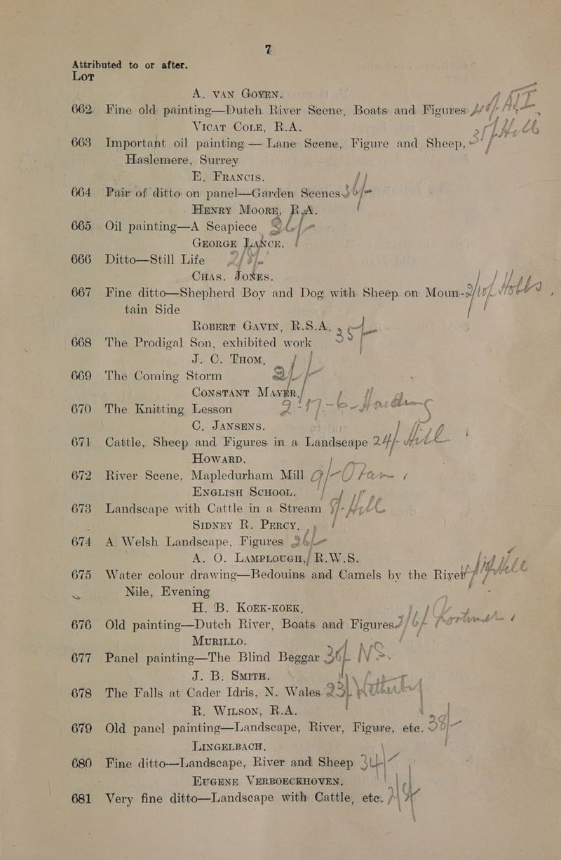 664. 665 666 667 668 669 670 671 673 674 675 676 677 678 679 680 681 A. VAN GOYEN. if AkIT Fine old painting—Dutch River Seene, Boats and Figures Fai Ades : ‘44s fa Vicat Coz, R.A. Sl Khe&amp; Important oil painting — Lane Seene, Figure and Sheep, > /- Haslemere, Surrey : EK, Francis. j) Pair of ditto on panel—Garden Seenes3 bje Henry Moorn, R p- Oil painting—A Seapiece_ QL ~ GEORGE Lancer. / Ditto—Still Lite 2/3}. Cuas. Jonss. / iJ L Fine ditto—Shepherd Boy and Dog with Sheep on Moun-p/ 101 Oem tain Side / Ropert Gaviy, R.S.A, cy ae The Prodigal Son, exhibited work J. C. THom, / The Coming Storm 2) CONSTANT Mavatn,| sae The Knitting Lesson pr Me 8 so 5 “gps C. JANSENS. | Cattle, Sheep and Figures. in a i wpe 24) de Dg oe HLowarp. River Seene, Mapledurham Mill al U/ yh mm -/ ENGLISH SCHOOL. Landseape with Cattle in a Sieaara bin Smwney Rh. Percy, |, / A Welsh Landscape, Figures abi A. O. Lamprover,/ R.W.S. Bi id 4 YY er Water colour drawing—Bedouins and Camels by the River? | hice Nile, Evening j ‘ H. 'B. Kork-KokK, CN aa ff Aaaten be ¢ Old painting—Dutch River, Boats and Figures? af Muri1.1o. rn sf \ i Panel painting—The Blind Beggar 3 qf iV > J. B, Smrrs. Py fo The Falls at Cader Idris, N. Wales 23) ‘ % - et : b Gru ; ; R. Witson, R.A. / ee Old panel painting—Landscape, River, Figure, ete. 00 ~ LINGELBACH, , EvGENnE VERBOECKHOVEN.