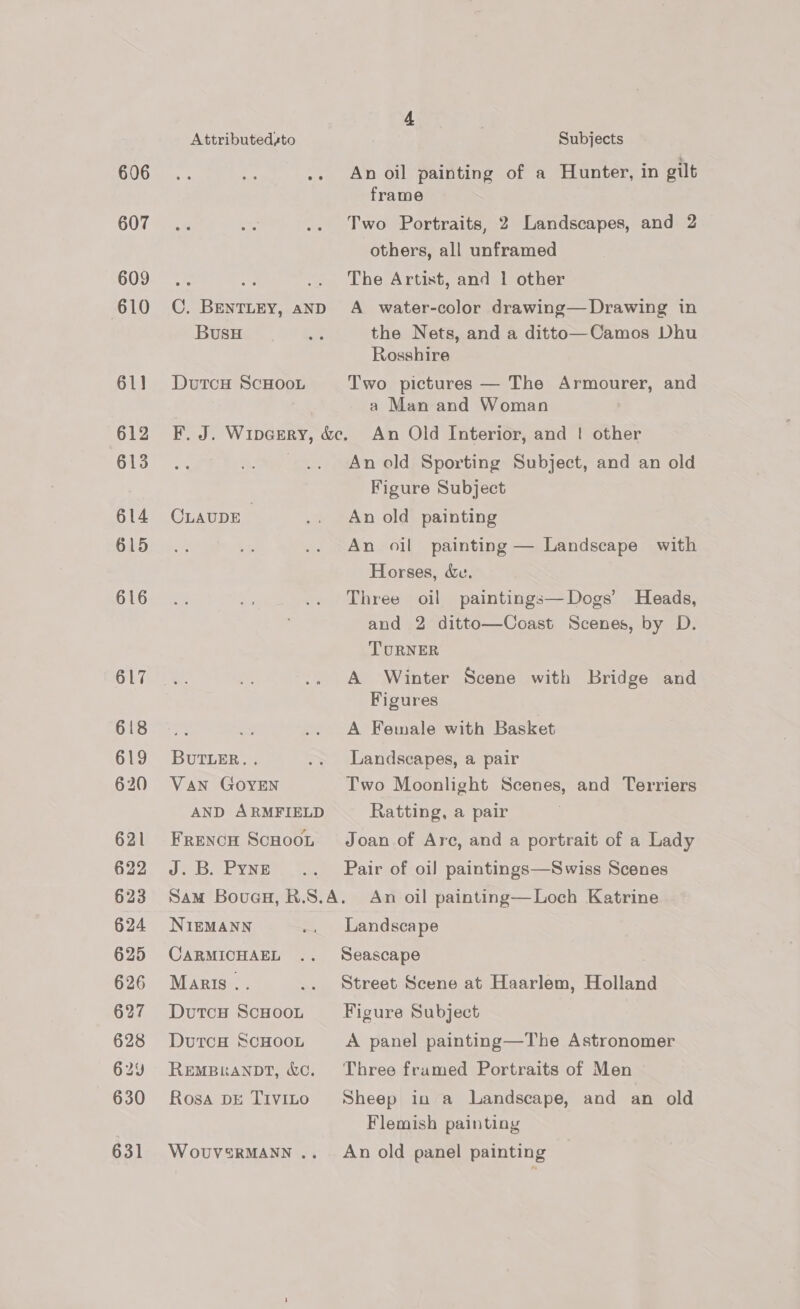606 607 609 610 61} 612 613 614 615 616 617 618 619 620 621 622 623 624 625 626 627 628 629 630 631 4 | Attributedsto Subjects An oil painting of a Hunter, in gilt frame Two Portraits, 2 Landscapes, and 2 others, all unframed ae The Artist, and 1 other C. BENTLEY, AND A _ water-color drawing— Drawing in BusH aidt the Nets, and a ditto—Camos Dhu Rosshire DutcH ScHooL Two pictures — The Armourer, and . a Man and Woman F. J. Wipasry, &amp;c. An Old Interior, and |! other An old Sporting Subject, and an old Figure Subject CLAUDE .. An old painting An oil painting — Landscape with Horses, &amp;e. Three oil paintings—Dogs’ Heads, and 2 ditto—Coast Scenes, by D. TURNER A Winter Scene with Bridge and Figures A Female with Basket BUTLER. . .. Landscapes, a pair Van GOYEN Two Moonlight Scenes, and Terriers AND ARMFIELD Ratting, a pair Frencu ScoooL Joan of Are, and a portrait of a Lady J.B. Pyne... Pair of oil paintings—Swiss Scenes Sam Boucu, R.S.A. An oil painting—Loch Katrine NiEMANN .. Landscape CARMICHAEL .. Seascape Maris .. .. Street Scene at Haarlem, Holland Dutcu ScHoot Figure Subject DutcH SCHOOL A panel painting—The Astronomer REMBRANDT, &amp;C. Three framed Portraits of Men Rosa DE Tivito Sheep in a Landscape, and an old Flemish painting Wouv'RMANN ... An old panel painting