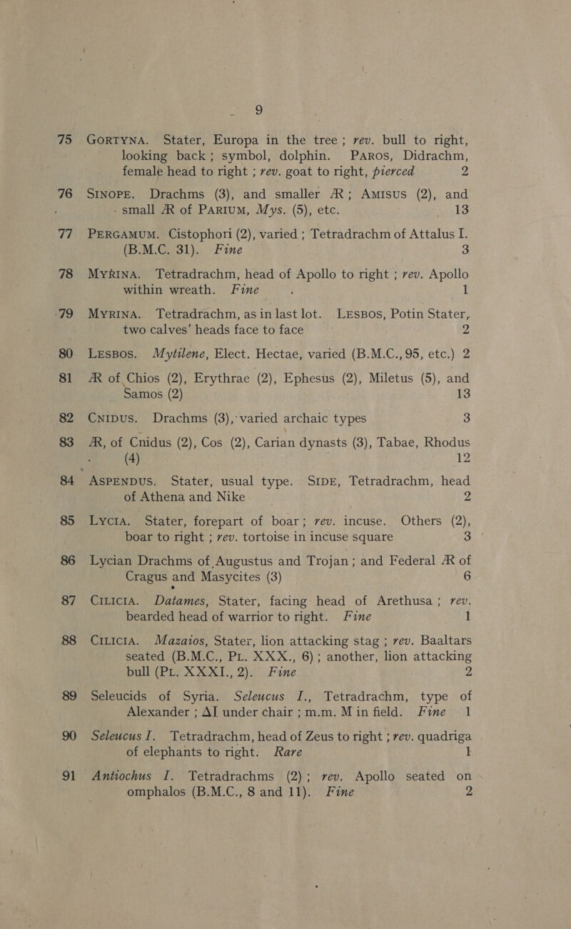 795 76 89 91 9 GORTYNA. Stater, Europa in the tree; vev. bull to right, looking back; symbol, dolphin. PArRos, Didrachm, female head to right ; vev. goat to right, pierced 2 SINOPE. Drachms (3), and smaller AR; Amisus (2), and -small A of Partum, Mys. (5), etc. eed ps: PERGAMUM. Cistophori (2), varied ; Tetradrachm of Attalus I. Peal oly rane oS | 3 Myrina. Tetradrachm, head of Apollo to right ; rev. Apollo within wreath. Fine 1 MyYRINA. Tetradrachm, as in last lot. LrEsBos, Potin Stater,. two calves’ heads face to face 2 LessBos. Mytilene, Elect. Hectae, varied (B.M.C.,95, etc.) 2 AR of Chios (2), Erythrae (2), Ephesus (2), Miletus (5), and Samos (2) 13 Cnipus. Drachms (3), varied archaic types 3 R, of Cnidus (2), Cos (2), Carian dynasts (3), Tabae, Rhodus (4) 7 12 of Athena and Nike 2 Lycta. | Stater, forepart of boar; vev. incuse. Others (2), boar to right ; vev. tortoise in incuse square Be. Lycian Drachms of Augustus and Trojan ; and Federal AX of Cragus and Masycites (3) 6 CiLictiA. Datames, Stater, facing head of Arethusa ; rev. bearded head of warrior to right. Fine I CiriciA. Mazaios, Staterx, lion attacking stag ; rev. Baaltars seated (B.M.C., PL. XXX., 6); another, lion attacking bull (PL, XXXI., 2). Fine 2 Seleucids of Syria. Seleucus I 5) sletradrachm, type of Alexander ; AI under chair;m.m. Min field. Fine 1 Seleucus I. Tetradrachm, head of Zeus to right ; rev. quadriga of elephants to right: Rare Antiochus I. Tetradrachms (2); rev. Apollo seated on