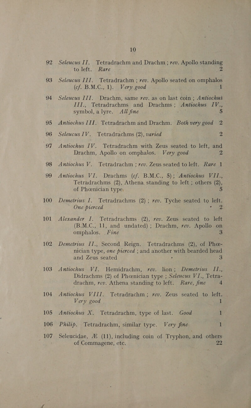 92 93 94 95 96 97 98 99 100 101 102 103 104 105 106 107 10 Seleucus II. Tetradrachm and Drachm ; rev. Apollo standing toglelt. gun are i 2 Seleucus III. Tetradrachm ; rev. Apollo seated on omphalos (cf, B.M.@> -1):-s2V-erje good 1 Seleucus III. Drachm, same vev. as on last coin ; Antiochus III., Tetradrachms and Drachms; Antiochus IV., symbol, alyre. | All fine | Ro el 5 Antiochus III, Tetradrachm and Drachm. Both very good 2 Seleucus IV. Tetradrachms (2), varied 2 Antiochus IV. Tetradrachm with Zeus seated to left, and Drachm, Apollo on omphalos. Very good a Antiochus V. Tetradrachm ; rev. Zeus seated to left. Rave 1 Antiochus VI. Drachms (cf. B.M.C., 5); Antiochus VIT., Tetradrachms (2), Athena, standing to left ; others (2), of Phceenician type. ) Demetrius I. Tetradrachms (2); rev. Tyche seated to left. One pierced ee Alexander I. Tetradrachms (2), vev. Zeus seated to left (B.M.C., 11, and -undated) ; Drachm, rev. Apollo on omphalos. _ Fine 3 Demetrius II., Second Reign. Tetradrachms (2), of Phe- nician type, one pierced ; and another with bearded head and Zeus seated : 3 Antiochus VI. WHemidrachm, rev. lion; Demetrius TI1., Didrachms (2) of Phoenician type ; Seleucus VJ., Tetra- drachm, vev. Athena standing to left. Rare, fine 4 Antiochus VIII. Tetradrachm ; vev. Zeus seated to left. Very good | 1 Antiochus X, Tetradrachm, type of last. Good 1 Philip. Tetradrachm, similar type. Very fine 1 Seleucidae, AZ (11), including coin of Tryphon, and others of Commagene, etc. oo