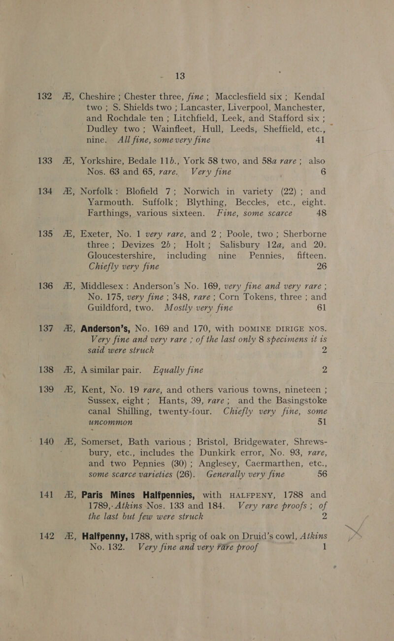 132 133 134 136 137 138 139 141 142 fE, fi, AE, By 8 B &amp; 8 &amp; 13 Cheshire ; Chester three, fine ; Macclesfield six ; Kendal two ; S. Shields two ; Lancaster, Liverpool, Manchester, and Rochdale ten ; Litchfield, Leek, and Stafford six ; Dudley two; Wainfleet, Hull, Leeds, Sheffield, etc., nine. All fine, some very fine 41 Yorkshire, Bedale 110., York 58 two, and 58a rare; also Nos. 63 and 65, rare. Very fine 7 6 Norfolk: Blofield 7; Norwich in variety (22); and Yarmouth. Suffolk; Blything, Beccles, etc., eight. Farthings, various sixteen. Fine, some scarce 48 Exeter, No. 1 very rare, and 2; Poole, two ; Sherborne mivee.; evizes 2) ;° Holt; Salisbury .12¢) and ‘:20: Gloucestershire, including nine Pennies, fifteen. Chiefly very fine 26 Middlesex : Anderson’s No. 169, very fine and very rare ; No. 175, very fine ; 348, rare ; Corn Tokens, three ; and Guildford, two. Mostly very fine 61 Anderson’s, No. 169 and 170, with DOMINE DIRIGE NOS. Very fine and very rare ; of the last only 8 specimens 1t 1s said were struck Hs Asimilar pair. Equally fine 2 Kent, No. 19 vave, and others various towns, nineteen ; Sussex, eight; Hants, 39, vave; and the Basingstoke canal Shilling, twenty-four. Clvefly very fine, some uncommon 51 Somerset, Bath various ; Bristol, Bridgewater, Shrews- bury, etc., includes the Dunkirk error, No. 93, rare, and two Pennies (30); Anglesey, Caermarthen, etc., some scarce varieties (26). Generally very fine 56 Paris Mines Halfpennies, with HALFPENY, 1788 and 1789,- Atkins Nos. 133 and 184. Very rare proofs ; of the last but few were struck Z Halfpenny, 1788, with sprig of oak on Druid’s cowl, Atkins No. 132. Very fine and very rave proof |