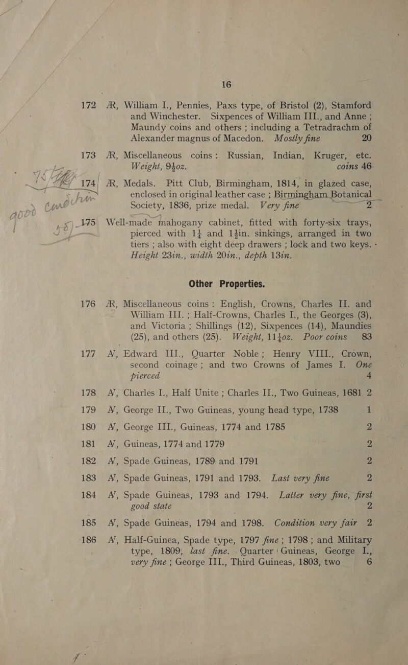  176 1a. 178 179 180 181 182 183 184 185 186 16 and Winchester. Sixpences of William III., and Anne ; Maundy coins and others ; including a Tetradrachm of Alexander magnus of Macedon. Mostly fine 20 AR, Miscellaneous coins: Russian, Indian, Kruger, etc. Weight, 9402. i coins 46. enclosed in original leather case ; Birmingham Botanical Society, 1836, prize medal. Very fine’ oe Well-made mahogany cabinet, fitted with forty-six trays, pierced with 1} and 14in. sinkings, arranged in two tiers ; also with eight deep drawers ; lock and two keys. - Height 23in., width 20in., depth 13in. Other Properties. AR, Miscellaneous coins: English, Crowns, Charles II]. and William III. ; Half-Crowns, Charles I., the Georges (3), and Victoria ; Shillings (12), Sixpences (14), Maundies (25), and others (25). _Weight, 1lioz. Poor coins 83 A’, Edward III., Quarter Noble; Henry VIII., Crown, second coinage; and two Crowns of James I. One pierced + A, Charles I., Half Unite ; Charles II., Two Guineas, 1681 2 A’, George II., Two Guineas, young head type, 1738 1 A’, George III., Guineas, 1774 and 1785 Z AN, Guineas, 1774 and 1779 2 A, Spade Guineas, 1789 and 1791 2 AN , Spade Guineas, 1791 and 1793. Last very fine 2 A , spade Guineas, 1793 and 1794. Latter very fine, first good state 2 AN, Spade Guineas, 1794 and 1798. Condition very fair 2 A, Half-Guinea, Spade type, 1797 fine ; 1798 ; and Military type, 1809, last fine. Quarter! Guineas, George L.,