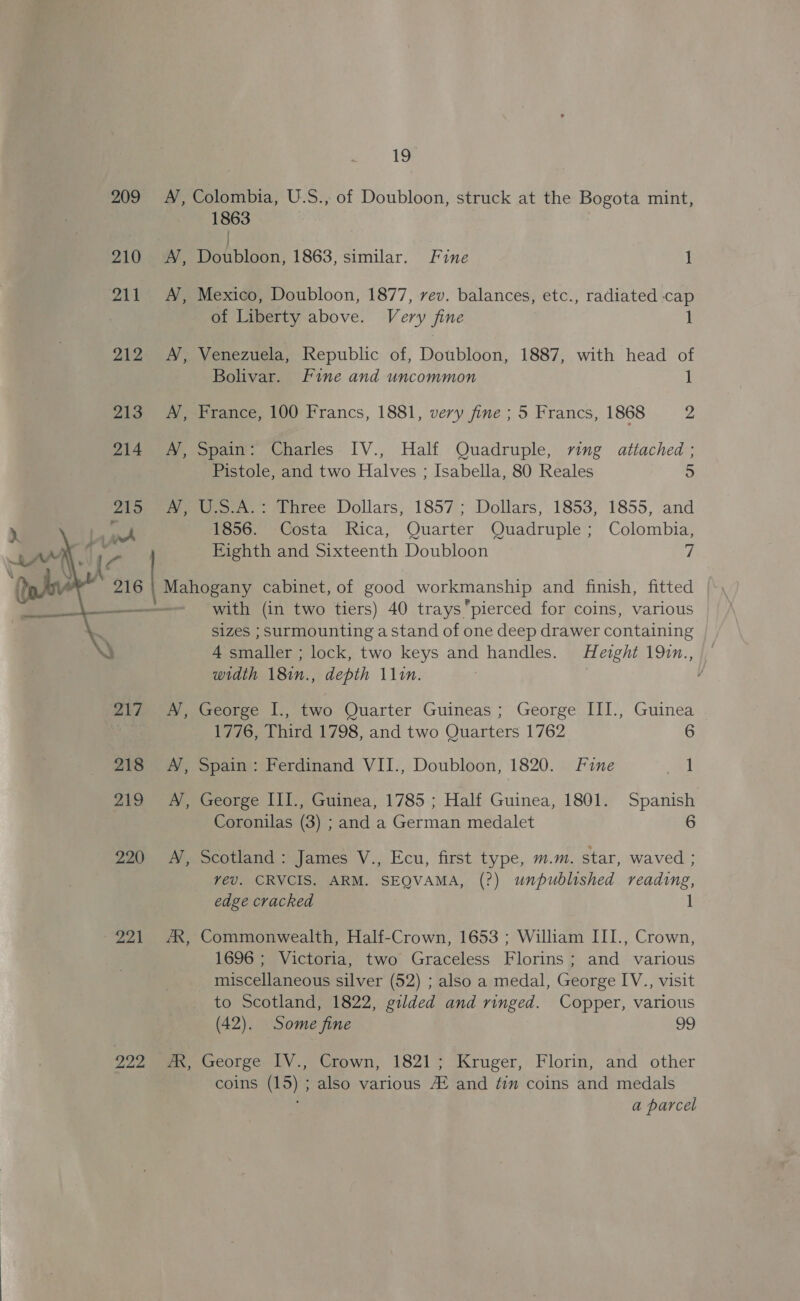 216  220 221 222 19 A’, Colombia, U.S., of Doubloon, struck at the Bogota mint, 1863 : A’, Doubloon, 1863, similar. Fine 1 A’, Mexico, Doubloon, 1877, vev. balances, etc., radiated -cap of Liberty above. Very fine 1 AN, Venezuela, Republic of, Doubloon, 1887, with head of Bolivar. Fine and uncommon 1 A’, France, 100 Francs, 1881, very fine ; 5 Francs, 1868 2. A’, Spain: Charles IV., Half Quadruple, ving attached ; Pistole, and two Halves ; Isabella, 80 Reales 5 AN, U.S.A.: Three Dollars, 1857; Dollars, 1853, 1855, and 1856. Costa Rica, Quarter Quadruple ; Colombia, Fighth and Sixteenth Doubloon 7 Mahogany cabinet, of good workmanship and finish, fitted with (in two tiers) 40 trays ‘pierced for coins, various sizes ; Surmounting a stand of one deep drawer containing 4 smaller ; lock, two keys and handles. Herght 197m., width 18in., depth 11in. 3 A’, George I., two Quarter Guineas; George III., Guinea 1776, Third 1798, and two Quarters 1762 6 A’), Spain: Ferdinand VII., Doubloon, 1820. Fine at A’, George III., Guinea, 1785 ; Half Guinea, 1801. Spanish Coronilas (3) ; and a German medalet 6 A’, Scotland: James V., Ecu, first type, m.m. star, waved ; vev. CRVCIS. ARM. SEQVAMA, (?) unpublished reading, edge cracked AX, Commonwealth, Half-Crown, 1653 ; William III., Crown, 1696 ; Victoria, two Graceless Florins ; and various miscellaneous silver (52) ; also a medal, George IV., visit to Scotland, 1822, gilded and ringed. Copper, various (42). Some fine 99 AR, George IV., Crown, 1821; Kruger, Florin, and other coins (15) ; also various A® and fim coins and medals a parcel