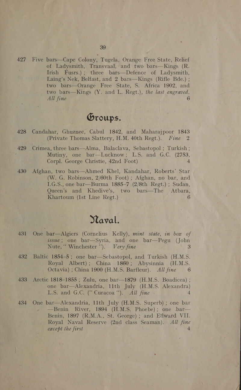 427 428 ne 430 431 432 433 434 39 Five bars—Cape Colony; Tugela, Orange Free State, Relief of Ladysmith, Transvaal, and two bars—Kings (R. Irish Fusrs.); three bars—Defence of Ladysmith, Laing’s Nek, Belfast, and 2 bars—Kings (Rifle Bde.) ; two bars—Orange Free State, S. Africa 1902, and two bars—Kings (Y. and L. Regt.), the last engraved. All fine 6 Groups. Candahar, Ghuznee, Cabul 1842, and Maharajpoor 1843 (Private Thomas Slattery, H.M. 40th Regt.). Fine 2 Crimea, three bars—-Alma, Balaclava, Sebastopol ; Turkish ; Mutiny, one bar—Lucknow; L.S. and G.C. (2753, Corpl. George Christie, 42nd Foot) 4 Afghan, two bars—Ahmed Khel, Kandahar, Roberts’ Star (W. G. Robinson, 2/60th Foot) ; Afghan, no bar, and I.G.S., one bar—Burma 1885-7 (2/8th Regt.) ; Sudan, OQueen’s and Khedive’s, two bars—The Atbara, Khartoum (1st Line Regt.) 6 Staval. One bar—Algiers (Cornelius Kelly), mint. state, in box of issue; one bar—Syria, and one bar—Pegu (John Nute, “ Winchester ’’). Very fine Baltic 1854-5; one bar—Sebastopol, and Turkish (H.MLS. Royal Albert); China 1860; Abysinnia (H.M.S. Octavia) ; China 1900 (H.M.S. Barfleur). All fine 6 Arctic 1818-1855 ; Zulu, one bar—1879 (H.M.S. Boadicea) ; one bar—Alexandria, 11th July (H.M.S. Alexandra) romano? 7 Caste lracda oma fine 4 One bar—Alexandria, 11th July (H.M.S. Superb) ; one bar —Benin River, 1894 (H.M.S. Phoebe); one -bar— Benin, 1897 (R.M.A., St. George) ; and Edward VII. Royal Naval Reserve (2nd class Seaman). All fine except the first +