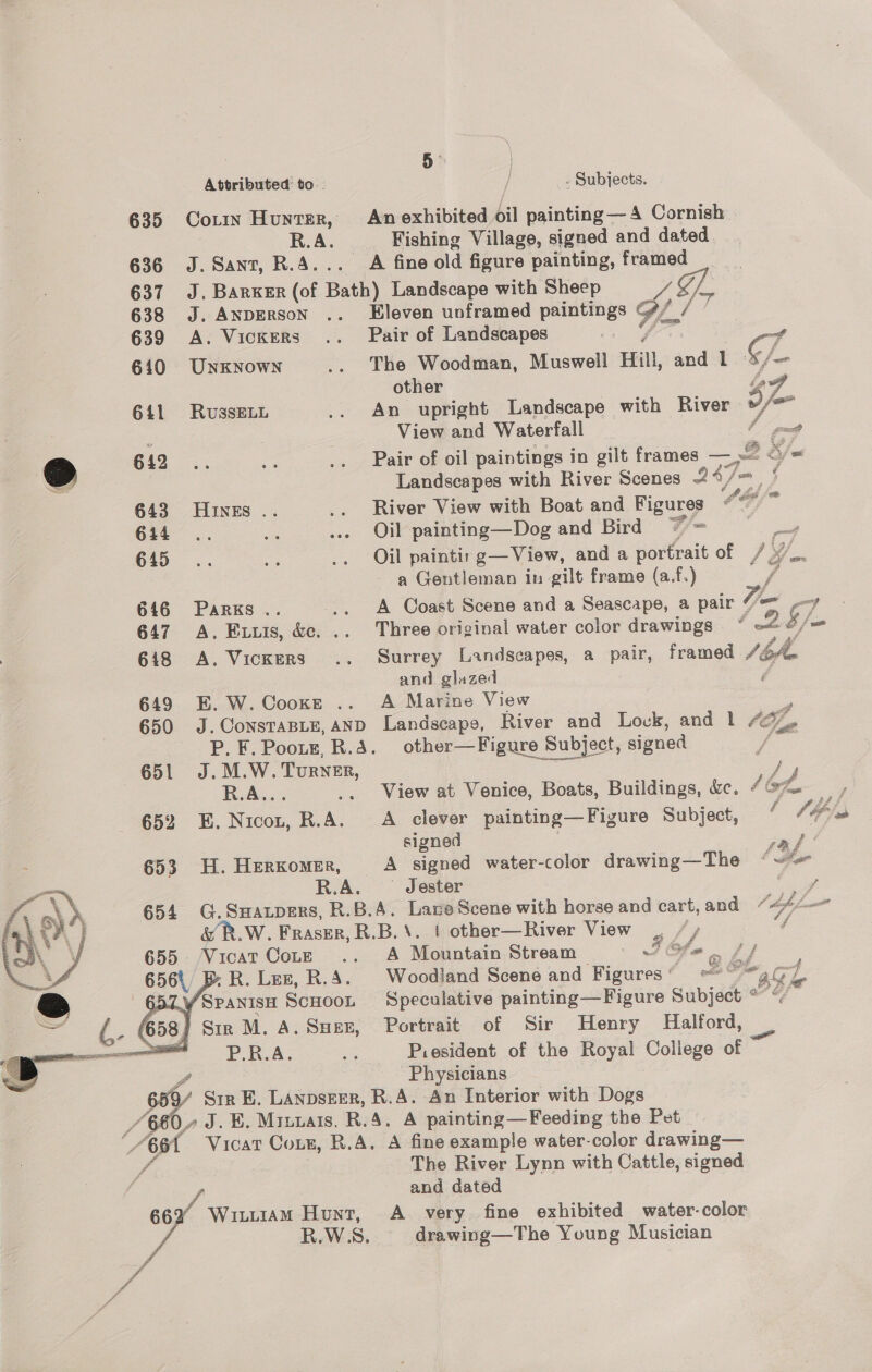 Attributed to. . Subjects. | 635 Com Hunrer, An exhibited oil painting—A C R.A. Fishing Village, signed and dated = 636 J.Sant, R.A... A fine old figure painting, framed 637 J. Barker (of Bath) Landscape with Sheep as 638 J. ANDERSON .. Eleven unframed paintings GL/ 639 A. VickEeRs .. Pair of Landscapes ) 610 UNnkNowN .. The Woodman, Muswell Hill, and l ¥/— other 2 641 RussELL .. An upright Landscape with River Je : View and Waterfall &amp; Sm... * .. Pair of oil paintings in gilt frames — 2 &amp; ~ Landscapes with River Scenes 24, jm § 643 Hines :. .. River View with Boat and Figures 74 614... db ... Oil painting—Dog and Bird = , | as .. Oil paintir g—View, anda portrait of 1Y of a Gentleman in gilt frame (a.f.) f 646 Parks .. .. A Coast Scene and a Seascape, a pair ¢ 647 A. Exuis, &amp;c. .. Three original water color drawings “ 2§/. - 648 A. Vickers .. Surrey Landscapes, a pair, framed Joh and glazed 649 E.W.Cooxe .. A Marine View 650 J.ConsTasLe,aAND Landscapes, River and Lock, and 1 1Oe P. KF. Pootz, R.A. other—Figure Subject, signed 651 J.M.W. Turner, — / R.A... .. View at Venice, Boats, Buildings, &amp;e. “G4, 652 E.Nicon, R.A. A clever painting—Figure Subject, 4 “#6 signed raf 653 H. HEeRKomeEr, A signed water-color drawing—The “~~ R.A. Jester e 654 G.SwHanpers, R.B.4. Lave Scene with horse and cart, and 7, La &amp; RW. FRASER, R.B.\. | other—River View / 655. VicatCoLe .. A Mountain Stream 7 Gta a bf 656), B R. Les, R.A. Woodland Scene and Figures®© == ao f0 4   a. Spanisu ScHoon Speculative painting—Figure Subject * = Sir M. A. SHer, Portrait of Sir Henry Halford, Pia. es President of the Royal College of Physicians Y Sr EK. LAanpseer, R.A. An Interior with Dogs f J. E. Mrurais, R. 4, A painting—Feeding the Pet A6 Vicat Coxe, R.A. A fine example water-color drawing— 7 The River Lynn with Cattle, signed and dated 662 Wi.tiiam Hunt, A_ very fine exhibited water-color R.W.S. drawing—The Young Musician
