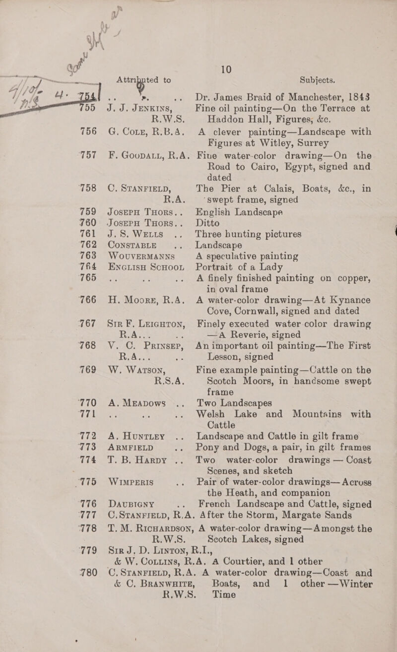 756 T57 158 759 760 761 763 764 765 767 768 769 770 771 172 773 774 115 776 77 778 719 480 ae, 1 to ». ap J. JENKINS, Re W. S. G. CoLz, R.B.A. ©, STANFIELD, JOSEPH THORS.. JosEPH THORS.. J.S. WELLS W OUVERMANNS ENGLISH SCHOOL Str F, LEIGHTon, HAA r. V...G; Prinsep, R.A.. W. TONS R.S.A. A. MEADows A. HUNTLEY ARMFIELD 1. ob any WIMPERIS DAUBIGNY 10 Subjects. Dr. James Braid of Manchester, 1843 Fine oil painting—On the Terrace at Haddon Hall, Figures, &amp;ec. A clever painting—Landscape with Figures at Witley, Surrey Fiue water-color drawing—On the Road to Cairo, Egypt, signed and. dated The Pier at Calais, Boats, &amp;c., in ‘swept frame, signed English Landscape Ditto Three hunting pictures A speculative painting Portrait of a Lady A finely finished painting on copper, in oval frame Cove, Cornwall, signed and dated Finely executed water-color drawing —A Reverie, signed An important oil painting—The First Lesson, signed Fine example painting—Cattle on the Scotch Moors, in handsome swept Two Landscapes Welsh Lake and Mountains with Cattle Landscape and Cattle in gilt frame Pony and Dogs, a pair, in gilt frames Two water-color drawings — Coast Scenes, and sketch Pair of water-color drawings— Acruss the Heath, and companion French Landscape and Cattle, signed R.W.S. Scotch Lakes, signed Time it