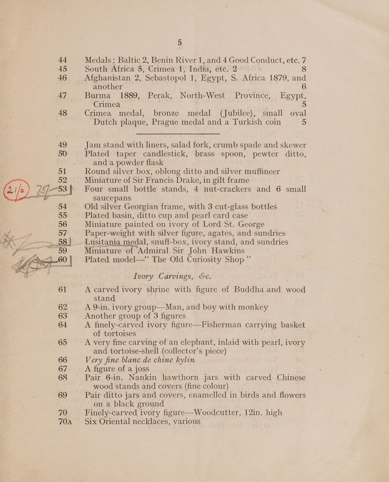 44 45 46 47  68 69 70 TOA h) Medals: Baltic 2, Benin River 1, and 4 Good Conduct, etc. 7 South Africa 5, Crimea-1, India, etc. 2 8 Afghanistan 2, Sebastopol 1, Egypt, S. Africa 1879, and another 6 Burma 1889, Perak, North-West Province, Egypt, Crimea 5 Crimea medal, bronze medal (Jubilee), small oval Dutch plaque, Prague medal and a Turkish coin 5 Jam stand with liners, salad fork, crumb spade and skewer Plated taper. candlestick, brass spoon, pewter ditto, and a powder flask Round silver box, oblong ditto and silver muffineer Miniature of Sir Francis Drake, in gilt frame saucepans Old silver Georgian frame, with 3 cut-glass bottles Plated basin, ditto cup and pearl card case Miniature painted on ivory of Lord St. George Paper-weight with silver figure, agates, and sundries Miniature of Admiral Sir John Hawkins Plated model—* The Old Curiosity Shop ” Ivory Carvings, Gc. A carved ivory shrine with figure of Buddha and ae stand A 9-in, ivory group—Man, and boy with monkey Another group of 3 figures A finely-carved ivory figure—Fisherman carrying basket of tortoises A very fine carving of an elephant, inlaid with pearl, ivory and tortoise-shell (collector’s piece) Very fine blanc de chine kylin A figure of a joss | Pair 6-in. Nankin hawthorn jars with carved Chinese wood stands and covers (fine colour) Pair ditto jars and covers, enamelled in birds and flowers on a black ground Finely-carved ivory figure—Woodcutter, 12in. high Six Oriental necklaces, various