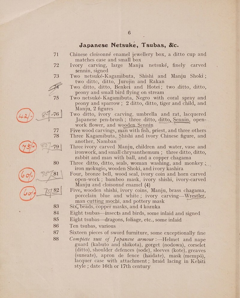 7 72 OF) {79 | 6 Japanese Netsuke, Tsubas, &amp;c. Chinese cloisonné enamel jewellery box, a ditto cup and matches case and small box | Ivory carving, large Manju netsuké, finely carved sennin, signed Two netsuké-Kagamibuta, Shishi and Manju Shoki; two ditto, ditto, Jurojin and Rakan Two. ditto, ditto, Benkei and Hotei; two ditto, ditto, peony and small bird flying on stream Two netsuké- Kagamibuta, Negro with coral spray and peony and sparrow; 2 ditto, ditto, tiger and child, and Manju, 2 figures Two ditto, ivory carving, umbrella and rat, lacquered Japanese pen-brush ; three ditto, ditto, Sennin, open- work flower, and wooden Sennin Five wood carvings, man with fish, priest, and three others Three Kagamibuta, Shishi and ivory Chinese figure, and another, Namban Three ivory carved Manju, children and water, vase and ironwork, and small chrysanthemum ; three ditto, ditto, rabbit and man with ball, and a copper chagama Three ditto, ditto, seals, woman washing, and monkey ; iron mokugio, wooden Shoki, and ivory kashira Four, bronze bell, wood seal, ivory coin and horn carved open-work ; bamboo mask, ivory shishi, ivory-carved Manju and cloisonné enamel (4) porcelain blue and white; ivory carving—Wrestler, man cutting mochi, and pottery mask Six, beads, copper masks, and 4 kozuka Eight tsubas—insects and birds, some inlaid and signed Eight tsubas—dragons, foliage, etc., some inlaid Ten tsubas, various Sixteen pieces of sword furniture, some exceptionally fine Complete suit of Japanese armour :—Helmet and nape guard (kabuto and shikota), gorget (nodowa), corselet (ditto), shoulder defences (sode), sleeves (kote), greaves (suneate), apron de fence (haidate), mask (memp6), lacquer case with attachment; braid lacing in Kebiti style ; date 16th or 17th century