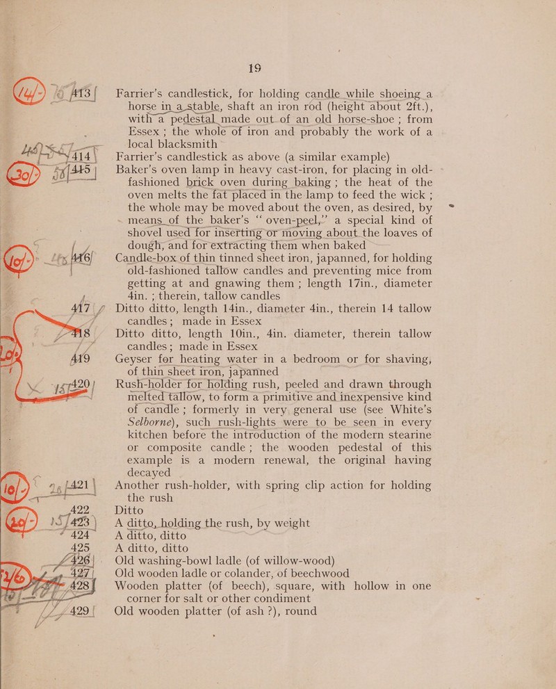    19 Farrier's candlestick, for holding candle while shoeing a horse in a_stable, shaft an iron rod (height about 2ft.), with a pedestal made out.of an old horse-shoe ; from Essex ; the whole of iron and probably the work of a local blacksmith Farrier’s candlestick as above (a similar example) Baker's oven lamp in heavy cast-iron, for placing in old- fashioned brick oven during baking ; the heat of the oven melts the fat placed in the lamp to feed the wick ; the whole may be moved about the oven, as desired, by means_of the baker's “ oven-peel,.’ a special kind of shovel used for inserting or moving about the loaves of dough, and for extracting them when baked old-fashioned tallow candles and preventing mice from getting at and gnawing them ; length 17in., diameter 4in. ; therein, tallow candles Ditto ditto, length 141n., diameter 4in., therein 14 tallow candles; made in Essex Ditto ditto, length 10in., 4in. diameter, therein tallow candles ; made in Essex Geyser for heating water in a bedroom or for shaving, of thin sheet iron, japanned Rush-holder for holding rush, peeled and drawn through melted tallow, to form a primitive and inexpensive kind of candle ; formerly in very general use (see White's Selborne), ‘such rush-lights were to be seen in every kitchen before the introduction of the modern stearine or composite candle; the wooden pedestal of this example is a modern renewal, the original having decayed Another rush-holder, with spring clip action for holding the rush Ditto A ditto, holding the rush, by weight A ditto, ditto Old washing-bowl ladle (of willow-wood) Old wooden ladle or colander, of beechwood Wooden platter (of beech), square, with hollow in one corner for salt or other condiment Old wooden platter (of ash ?), round S