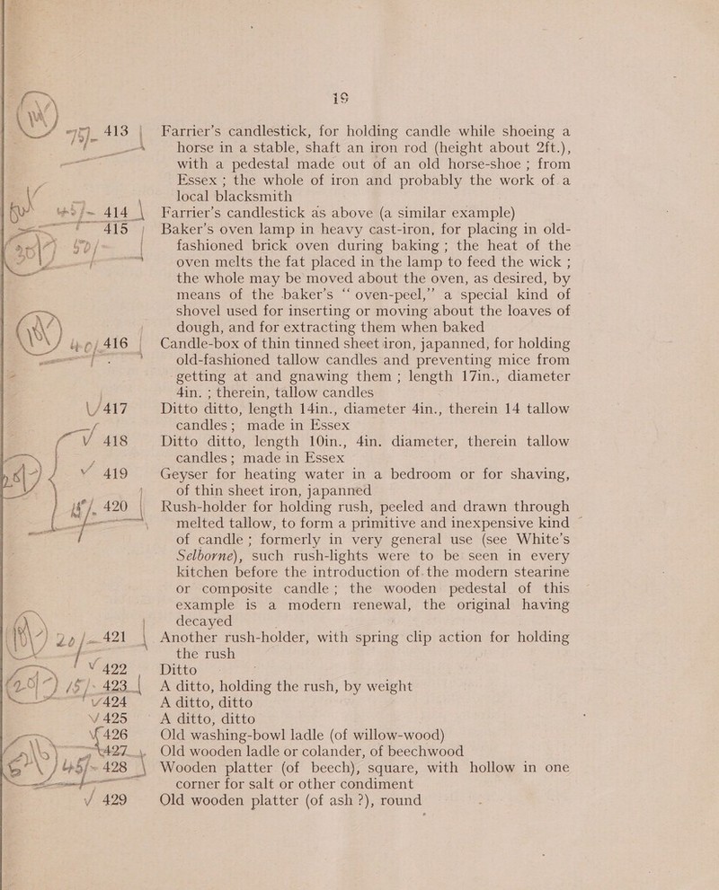 a 5} \ J ot | a 7] 3}= 413 \ wo) 414 \ ‘(es vs / 4 \/ ' | \) bp) 416 | sa es ae — =) \/417 Poa ( V 418 ; Pee ee | | } \ os j vA 4 99 2 ) ($)- 423| oe. —Tiot J 42 5 ~ 426 io) oy WZ Diigo @ 429 iS Farrier’s candlestick, for holding candle while shoeing a horse in a stable, shaft an iron rod (height about 2ft.), with a pedestal made out of an old horse-shoe ; from Essex ; the whole of iron and probably the work of a local blacksmith Farrier’s candlestick as above (a similar example) Baker's oven lamp in heavy cast-iron, for placing in old- fashioned brick oven during baking; the heat of the oven melts the fat placed in the lamp to feed the wick ; the whole may be moved about the oven, as desired, by means of the baker’s “ oven-peel,’’ a special kind of shovel used for inserting or moving about the loaves of dough, and for extracting them when baked Candle-box of thin tinned sheet iron, japanned, for holding old-fashioned tallow candles and preventing mice from ‘getting at and gnawing them ; length 17in., diameter 4in. ; therein, tallow candles Ditto ditto, length 14in., diameter 4in., therein 14 tallow candles; made in Essex Ditto ditto, length 10in., 41in. diameter, therein tallow candles ; made in Essex Geyser for heating water in a bedroom or for shaving, of thin sheet iron, japanned Rush-holder for holding rush, peeled and drawn through melted tallow, to form a primitive and inexpensive kind of candle ; formerly in very general use (see White's Selborne), such rush-lights were to be seen in every kitchen before the introduction of.the modern stearine or composite candle; the wooden pedestal of this example is a modern renewal, the original having decayed Another rush-holder, with spring clip action for holding the rush Drtto&gt; A ditto, holding the rush, by weight A ditto, ditto Old washing-bowl ladle (of willow-wood) Old wooden ladle or colander, of beechwood Wooden platter (of beech), square, with hollow in one corner for salt or other condiment Old wooden platter (of ash ?), round