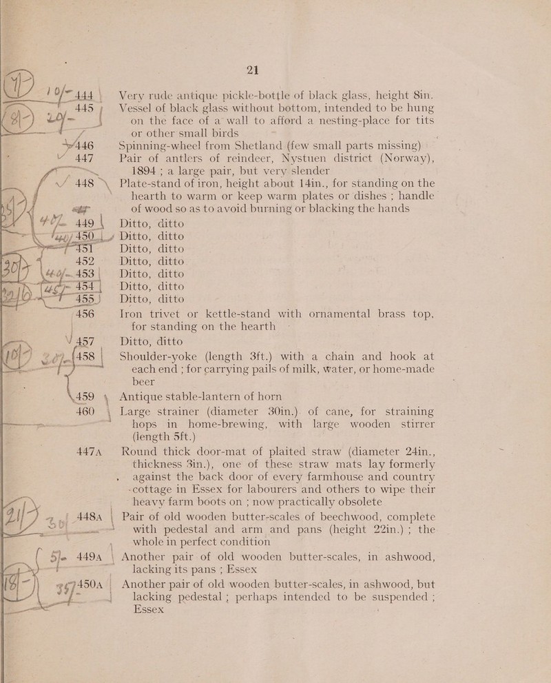 ) sof 444 Se yy, ow sae. +A446 “447  21 Very rude antique pickle-bottle of black glass, height 8in. Vessel of black glass without bottom, intended to be hung on the face of a wall to afford a nesting-place for tits or other small birds Spinning-wheel from Shetland (few small parts missing) Pair of antlers of reindeer, Nystuen district (Norway), 1894 ; a large pair, but very slender 3 for standing on the hearth to warm or keep warm plates or dishes ; handle of wood so as to avoid burning or blacking the hands Ditto, ditto ditto ditto ditto ditto Ditto, Ditto, Ditto, ‘Ditto, ditto Ditto, ditto Iron trivet or kettle-stand with ornamental brass top, for standing on the hearth Ditto, ditto Shoulder-yoke (length 3ft.) with a chain and hook at each end ; for carrying pails of milk, water, or home-made beer Antique stable-lantern of horn of cane, for straining hops in home-brewing, with large wooden stirrer (length 5ft.) Round thick door-mat of plaited straw (diameter 24in., thickness 3in.), one of these straw mats lay formerly . against the back door of every farmhouse and country -cottage in Essex for labourers and others to wipe their heavy farm boots on ; now practically obsolete with pedestal and arm and pans (height 22in.) &gt; the whole in perfect condition lacking its pans ; Essex Another pair of old wooden butter-scales, in ashwood, but lacking pedestal ; perhaps intended to be suspended Essex