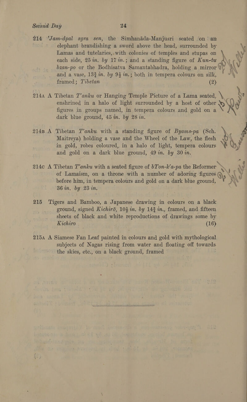 214 nt am-dpal sgra sen, the Simhanada- Manjusri seated .on an | ’ elephant brandishing a sword above the head, surrounded by \. Lamas and tutelaries,.with colonies of temples and stupas on \ AV each side, 25 in. by 1% in.; and a standing figure of Kun-tu 4\» ¢ bzan-po or the Bodhisatva Samantabhadra, holding a mirror) Y and a vase, 133.1. by 94 m.; both in tempera colours on silk, framed; Tibetan : (2) 2144 A Tibetan 7’anku or Hanging Temple Picture of a Lama seated, aN .) enshrined in a halo of light surrounded by a host of other ‘y () figures in groups named, in tempera colours and gold on a X Sg dark blue ground, 45 im. by 28 in. 2148 A Tibetan T’anku with a standing figure of Byams-pa (Sch. \ 4 Maitreya) holding a vase and the Wheel of the Law, the flesh Qs in gold, robes coloured, in a halo of light, tempera colours Yi and gold on a dark blue ground, 49 in. by 301m. 214c A Tibetan 7’anku with a seated figure of bT’on-k’a-pa the Reformer NN a of Lamaism, on a throne with a number of adoring figures. Qp ak before him, in tempera colours and gold on a dark blue ground, nN 36 in. by 23 in. 215 ‘Tigers one Bamboo, a Japanese drawing in colours on a black ground, signed Kichird, 104 im. by 143 in., framed, and fifteen sheets of black and white reproductions of. drawings some by Kichiro - (16) 2154 A Siamese Fan Leaf painted in colours and gold with mythological subjects of Nagas rising from water and floating off towards the skies, etc., on a black ground, framed ~  