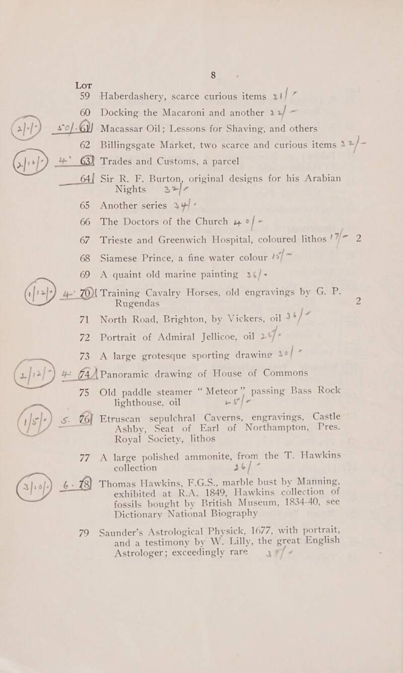 r 59 ‘'Haberdashéry, scarce curious items zi] 60 Docking the Macaroni and another 3 / rt  64{ Sir R. F. Burton, original designs for his Arabian Nights 22/7 65 Another series 3 ’ 66 The Doctors of the Church y of - 67 Trieste and Greenwich Hospital, coloured lithos / 68 Siamese Prince, a fine water colour /%/ ~ 69 A quaint old marine painting 3¢/- i{' >> 4! ZO) Training Cavalry Horses, old engravings by Geri Rugendas 71 North Road, Brighton, by Vickers, oil 36] 7 72 Portrait of Admiral Jellicoe, oil ps] = 73 <A large grotesque sporting drawing 3° Arf hep) 4- G4A Panoramic drawing of House of Commons 75 Old paddle steamer “ Meteor” passing Bass Rock lighthouse, oil - fe hfe} 5: 76] Etruscan sepulchral Caverns, engravings, Castle fe Ach eocat Ole Warm or Northampton, Pres: Royal Society, lithos 77. A large polished ammonite, from the T. Hawkins collection 3 b | : eae: Thomas Hawkins, F.G.5 marble bust by Manning, exhibited ailehkiA: 1849, Hawkins collection of fossils bought by British Museum, 1834-40, see Dictionary National Biography 790 Saunder’s Astrological Physick, 1677, with portrait, and a testimony by W. Lilly, the great English Astrologer; exceedingly rare 2 F J