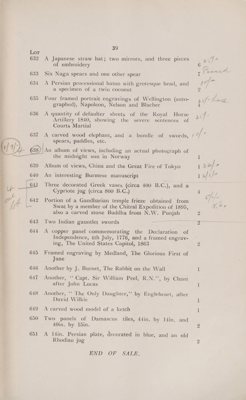 Lor 632 A Japanese straw hat; two mirrors, and three pieces of embroidery 633 Six Naga spears and one other spear 634 A Persian processional baton with grotesque head, and a specimen of a twin coconut 635 Four framed portrait engravings of Wellington (auto- 636 A quantity of defaulter sheets of the Royal Horse Artillery 1840, showing the severe sentences of Courts Martial 637 A carved wood elephant, and a bundle of swords, spears, paddles, etc. - the midnight sun in Norway 639 Album of views, ‘China and the Great Fire of Tokyo 640 An interesting Burmese manuscript _ Cypriote jug (circa 800 B.C.) > Swat by a member of the Chitral Expedition of 1895, also a carved stone Buddha from N.W. Punjab 643 Two Indian gauntlet swords = 644 A copper panel commemorating the Declaration of Independence, 4th July, 1776, and a framed engrav- _ing, The United States Capitol, 1863 645 Framed engraving by Medland, The Glorious First of June 646 Another by J. Burnet, The Rabbit on the Wall 647 Another, ‘‘ Capt. Sir William Peel, R.N.’’, by Chant after John Lucas 648 Another, ‘‘ The Only Daughter,’’ by Engleheart, after David Wilkie 649 A carved wood model of a ketch 650 Two panels of Damascus tiles, 44in. by 14in. and 40in. by 15in. 651 A 14in. Persian plate, decorated in blue, and an old Rhodian jug END OF SAqin.
