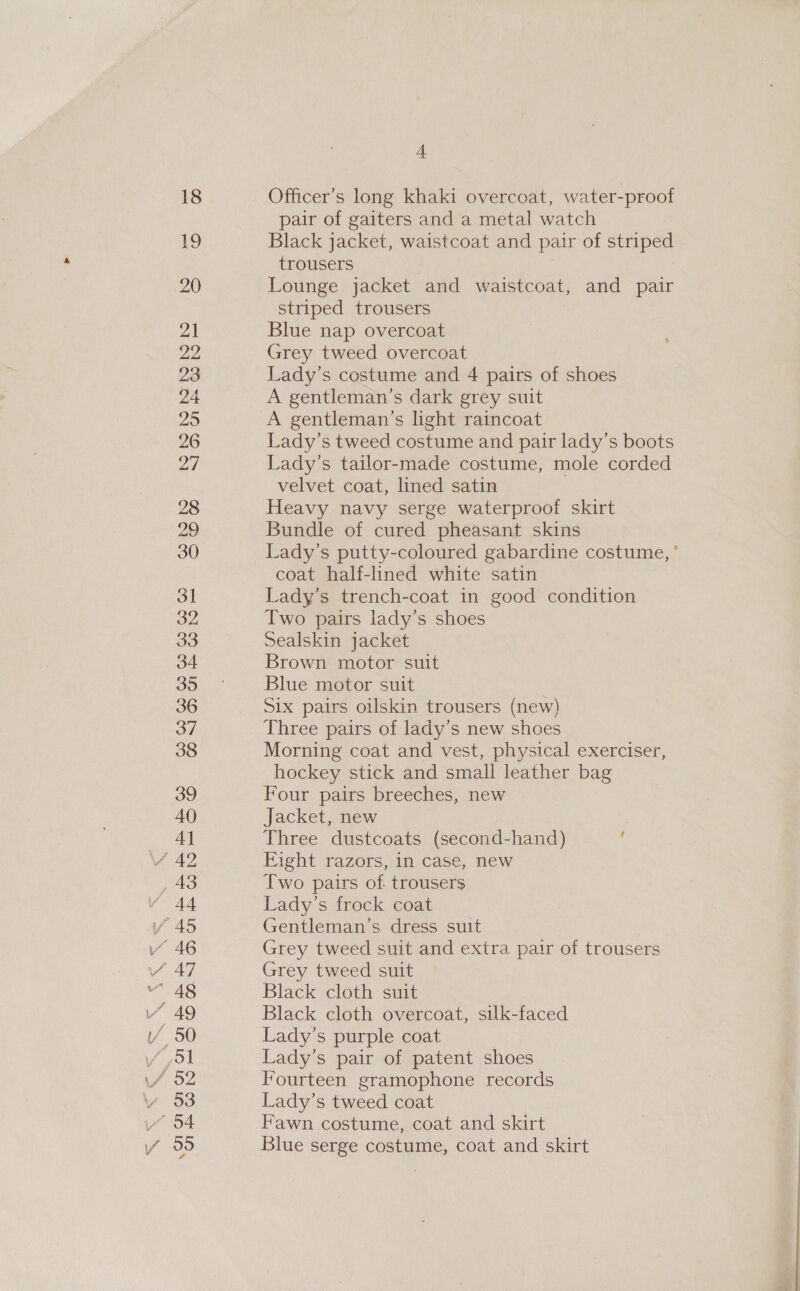 Y Officer’s long khaki overcoat, water-proof pair of gaiters and a metal watch Black jacket, waistcoat and pair of striped trousers . Lounge jacket and waistcoat, and pair striped trousers Blue nap overcoat Grey tweed overcoat Lady’s costume and 4 pairs of shoes A gentleman’s dark grey suit A gentleman’s light raincoat Lady’s tweed costume and pair lady’s boots Lady’s tailor-made costume, mole corded velvet coat, lined satin Heavy navy serge waterproof skirt Bundle of cured pheasant skins Lady’s putty-coloured gabardine costume, ’ coat half-lined white satin Lady’s trench-coat in good condition Two pairs lady’s shoes Sealskin jacket Brown motor suit Blue motor suit Six pairs oilskin trousers (new) Three pairs of lady’s new shoes Morning coat and vest, physical exerciser, hockey stick and small leather bag Four pairs breeches, new Jacket, new Three dustcoats (second-hand) Fight razors, in case, new Two pairs of. trousers Lady’s frock coat Gentleman’s dress suit Grey tweed suit and extra pair of trousers Grey tweed suit Black cloth suit Black cloth overcoat, silk-faced Lady’s purple coat Lady’s pair of patent shoes Fourteen gramophone records Lady’s tweed coat Fawn costume, coat and skirt Blue serge costume, coat and skirt
