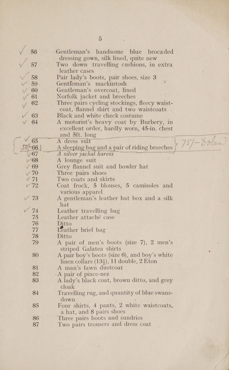 8 82 83 84 85 86 87 5 Gentleman’s handsome blue brocaded dressing gown, silk lined, quite new Two down travelling cushions, in extra leather cases Pair lady’s boots, pair shoes, size 3 Gentleman’s mackintosh Gentleman’s overcoat, lined Norfolk jacket and breeches Three pairs cycling stockings, fleecy waist- coat, flannel shirt and two waistcoats Black and white check costume A motorist’s heavy coat by Burbery, in excellent order, hardly worn, 45-in. chest and oft. long _ | ens paebcneyInnsest PCE: ~~ A silver jackal kaross A lounge suit Grey flannel suit and bowler hat Three pairs shoes Two coats and skirts Coat frock, 5 blouses, 5 camisoles and various apparel A gentleman’s leather hat box and a silk hat Leather travelling bag Leather attaché case Ditto Tather brief bag Ditto Ao pair of: men s«boots (size&gt;7), 2 men’s striped Galatea shirts A pair boy’s boots (size 6), and boy’s white linen collars (134), 11 double, 2 Eton A man’s fawn dustcoat F A lady’s biack coat, brown ditto, and grey cloak Travelling rug, and quantity of blue swans- down Four shirts, 4 pants, 2 aie waistcoats, a hat, and 8 pairs shoes Three pairs boots and sundries Two pairs trousers and dress coat