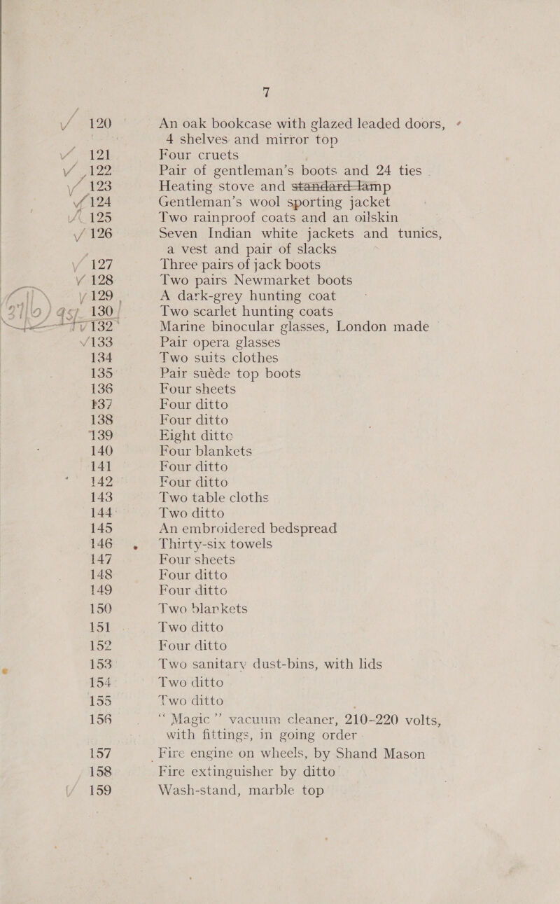 V¥133 134 143 149 150 151 153 155 156 157 158 159 7 4 shelves and mirror top Four cruets Pair of gentleman’s boots and 24 ties . Heating stove and standard-lamp Gentleman’s wool sporting jacket Two rainproof coats and an oilskin Seven Indian white jackets and tunics, a vest and pair of slacks Three pairs of jack boots Two pairs Newmarket boots A dark-grey hunting coat Two scarlet hunting coats Marine binocular glasses, London made © Pair opera glasses Two suits clothes Pair suede top boots Four sheets Four ditto Four ditto Eight ditte Four blankets Four ditto Four ditto Two table cloths Two ditto An embroidered bedspread Thirty-six towels Four sheets Four ditto Four ditto Two blarkets Two ditto Four ditto Two sanitary dust-bins, with lids Two ditto Two ditto “Magic” vacuum cleaner, 210-220 volts, with fittings, in going order » Fire extinguisher by ditto Wash-stand, marble top