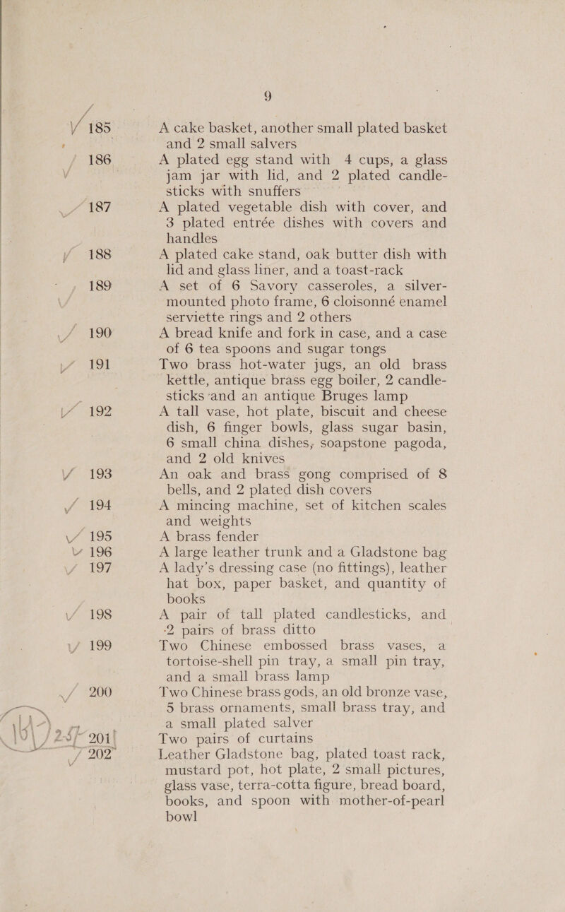 188 189 190 191 193 196 197 200 9 A cake basket, another small plated basket and 2 small salvers A plated egg stand with 4 cups, a glass jam jar with lid, and 2 plated candle- sticks with snuffers A plated vegetable dish with cover, and 3 plated entrée dishes with covers and handles A plated cake stand, oak butter dish with lid and glass liner, and a toast-rack A set of 6 Savory casseroles, a silver- mounted photo frame, 6 cloisonné enamel serviette rings and 2 others A bread knife and fork in case, and a case of 6 tea spoons and sugar tongs Two brass hot-water jugs, an old brass kettle, antique brass egg boiler, 2 candle- sticks and an antique Bruges lamp A tall vase, hot plate, biscuit and cheese dish, 6 finger bowls, glass sugar basin, 6 small china dishes, soapstone pagoda, and 2 old knives An oak and brass gong comprised of 8 bells, and 2 plated dish covers A mincing machine, set of kitchen scales and weights A brass fender A large leather trunk and a Gladstone bag A lady’s dressing case (no fittings), leather hat box, paper basket, and quantity of books A pair of tall plated candlesticks, and -2 pairs of brass ditto | Two Chinese embossed brass vases, a tortoise-shell pin tray, a small pin tray, and a small brass lamp Two Chinese brass gods, an old bronze vase, 5 brass ornaments, small brass tray, and a small plated salver Two pairs of curtains Leather Gladstone bag, plated toast rack, mustard pot, hot plate, 2 small pictures, glass vase, terra-cotta figure, bread board, books, and spoon with. mother-of-pearl bowl