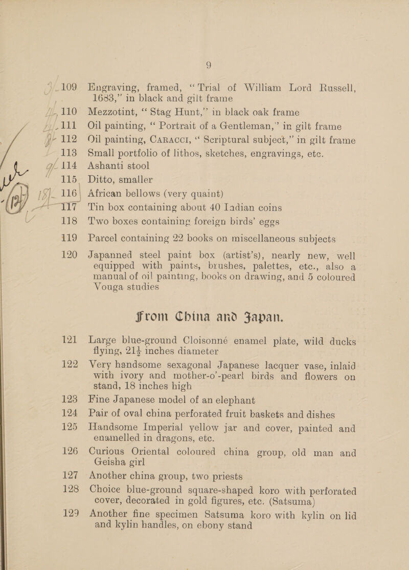 118 118 119 120 121 122 123 124 125 126 127 128 129 9 Engraving, framed, “Trial of William Lord Russell, 1683,” in black and gilt frame Mezzotint, ‘‘ Stag Hunt,” in black oak frame Oil painting, ‘‘ Portrait of a Gentleman,” in gilt frame Oil painting, CARACCI, “ Scriptural subject,” in gilt frame Small portfolio of lithos, sketches, engravings, etc. Ashanti stool Ditto, smaller African bellows (very quaint) Tin box containing about 40 Iadian coins Two boxes containing foreign birds’ eggs Parcel containing 22 books on miscellaneous subjects Japanned steel paint box (artist’s), nearly new, well equipped with paints, brushes, palettes, etc., also a manual of oil painting, books on drawing, and 5 coloured Vouga studies From China and Japan. Large blue-ground Cloisonné enamel plate, wild ducks flying, 214 inches diameter Very handsome sexagonal Japanese lacquer vase, inlaid with ivory and mother-o’-pear! birds and flowers on stand, 18 inches high Fine Japanese model of an elephant Pair of oval china perforated fruit baskets and dishes Tiandsome Imperial yellow jar and cover, painted and enamelled in dragons, etc. Curious Oriental coloured china group, old man and Geisha girl Another china group, two priests Choice blue-ground square-shaped koro with perforated cover, decorated in gold figures, etc. (Satsuma) Another fine specimen Satsuma koro with kylin on lid and kylin handles, on ebony stand :