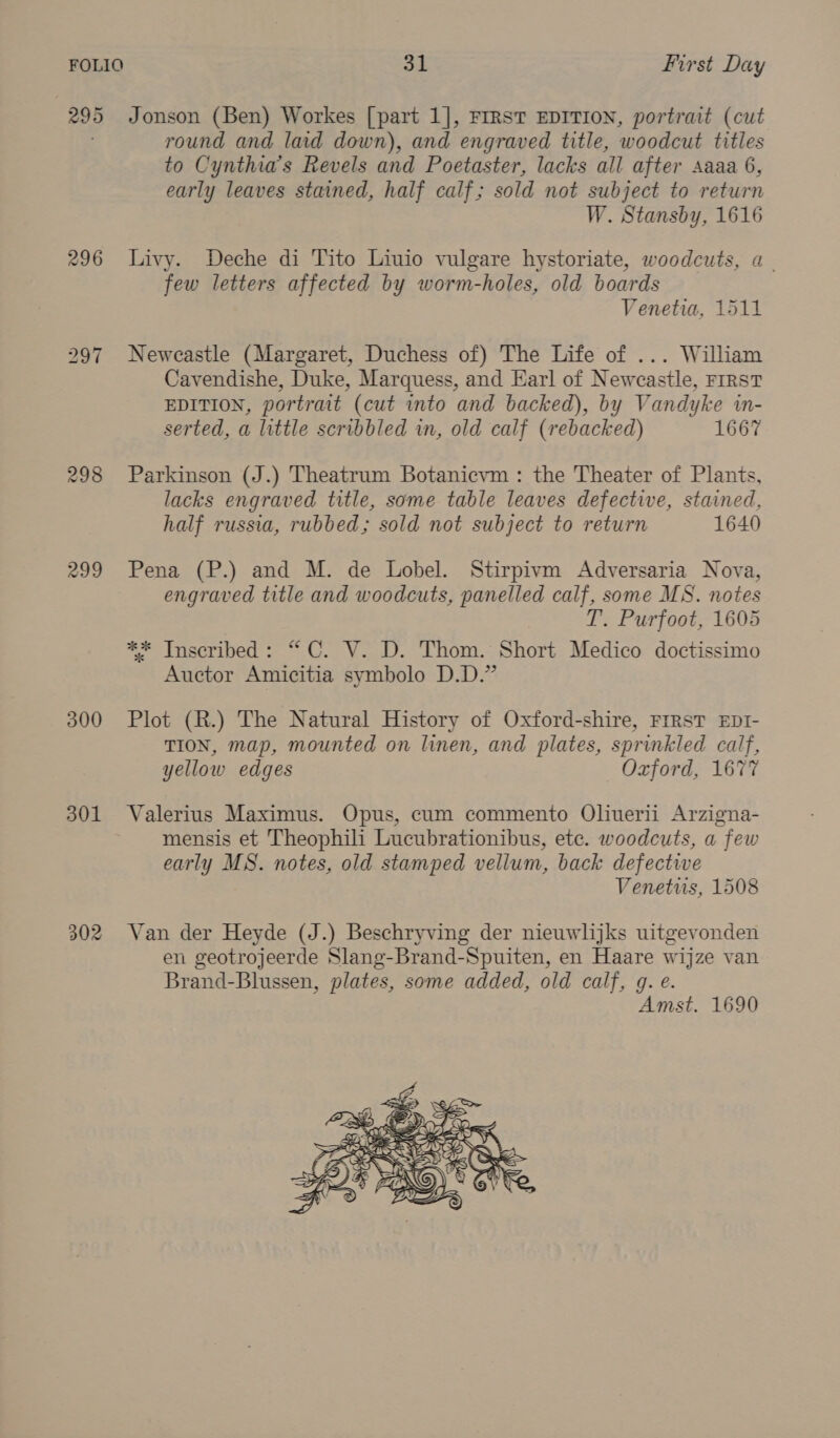 295 296 298 299 300 301 302 31 First Day round and laid down), and engraved title, woodcut titles to Cynthia's Revels and Poetaster, lacks all after Aaaa 6, early leaves stained, half calf; sold not subject to return W. Stansby, 1616 Livy. Deche di Tito Liuio vulgare hystoriate, woodcuts, a_ few letters affected by worm-holes, old boards Venetia, 1511 Newcastle (Margaret, Duchess of) The Life of ... William Cavendishe, Duke, Marquess, and Earl of Newcastle, FIRST EDITION, portrait (cut into and backed), by Vandyke in- serted, a little scribbled in, old calf (rebacked) 1667 Parkinson (J.) Theatrum Botanicvm : the Theater of Plants, lacks engraved title, some table leaves defective, stained, half russia, rubbed; sold not subject to return 1640 Pena (P.) and M. de Lobel. Stirpivm Adversaria Nova, engraved title and woodcuts, panelled calf, some MS. notes T. Purfoot, 1605 ** Inscribed: “C. V. D. Thom. Short Medico doctissimo Auctor Amicitia symbolo D.D.” Plot (R.) The Natural History of Oxford-shire, FIRST EDI- TION, map, mounted on linen, and plates, sprinkled calf, yellow edges Oxford, 1677 Valerius Maximus. Opus, cum commento Oliuerii Arzigna- mensis et Theophili Lucubrationibus, etc. woodcuts, a few early MS. notes, old stamped vellum, back defective Venetiis, 1508 Van der Heyde (J.) Beschryving der nieuwlijks uitgevonden en geotrojeerde Slang-Brand-Spuiten, en Haare wijze van Brand-Blussen, plates, some added, old calf, g. e. Amst. 1690 