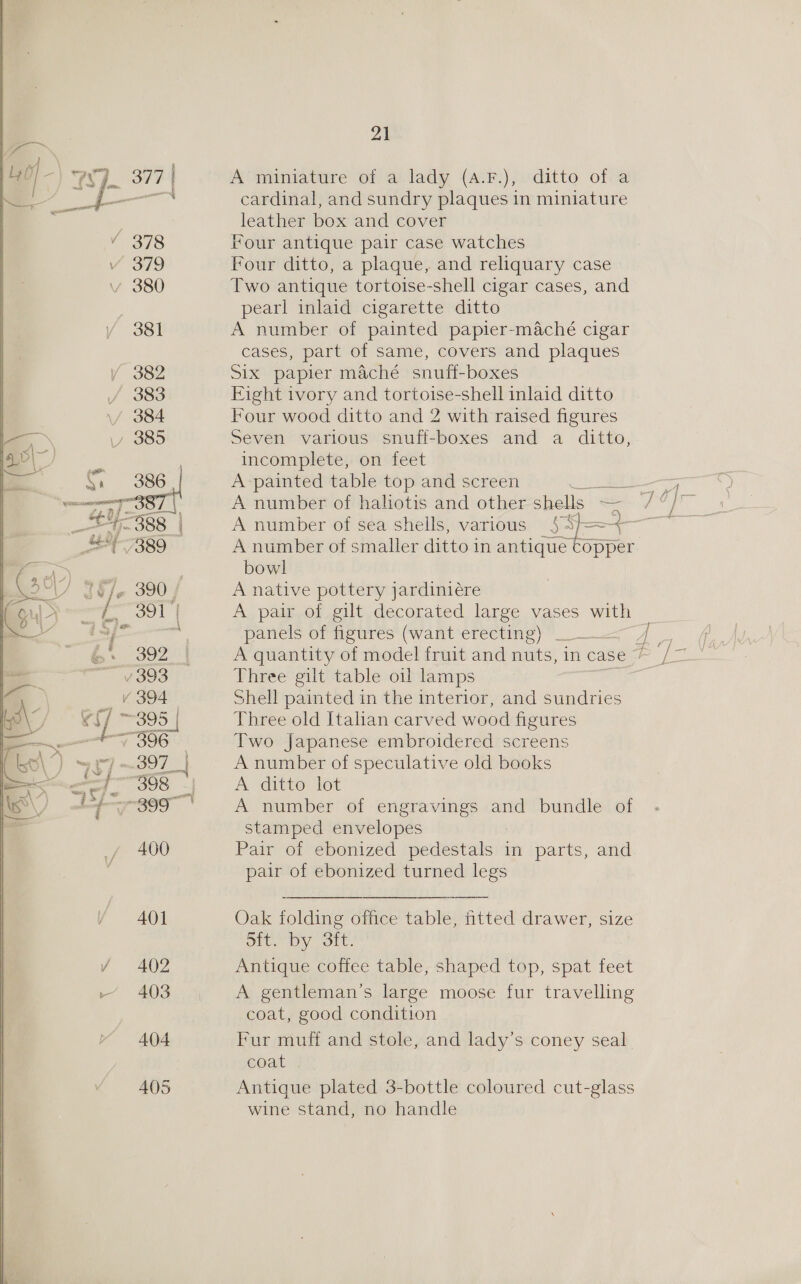  A’ miniature of a lady (a:Fr.), ditto of a cardinal, and sundry plaques in miniature leather box and cover 3 Four antique pair case watches Four ditto, a plaque, and reliquary case Two antique tortoise-shell cigar cases, and pearl inlaid cigarette ditto A number of painted papier-maché cigar cases, part of same, covers and plaques Six papier maché snuff-boxes Fight ivory and tortoise-shell inlaid ditto Four wood ditto and 2 with raised figures Seven various snuff-boxes and a ditto, incomplete, on feet A-painted table top and screen b A number of haliotis and other shells = opper ee A native pottery jardiniére A pair of gilt decorated large vases with panels of figures (want erecting) __ Three gilt table oil lamps Shell painted in the interior, and sundries Three old Italian carved wood figures Two Japanese embroidered screens A number of speculative old books A ditto lot A number of engravings and bundle of stamped envelopes Pair of ebonized pedestals in parts, and pair of ebonized turned legs Oak folding office table, fitted drawer, size ott. by Bit. Antique coffee table, shaped top, spat feet A gentleman’s large moose fur travelling coat, good condition Fur muff and stole, and lady’s coney seal coat Antique plated 3-bottle coloured cut-glass wine stand, no handle