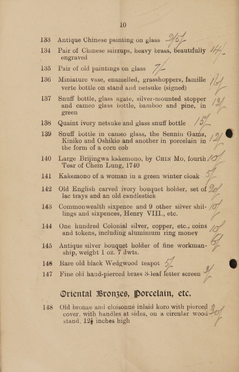 134 135 136 187 138 139 140 141 142 143 144 145 146 147 148 10 OotidA Pair of Chinese stirrups, heavy brass, beautifully Uh, engraved Pair of old paintings on glass As = Miniature vase, enamelled, erasshoppers, famille Ve, LA verte bottle on stand and netsuke (signed) /- if Snuff bottle, glass agate, silver-mounted stopper /¢/ and cameo glass bottle, bamboo and pine, in ‘™_, green TY, Quaint ivory netsuke and glass snuff bottle vA J x Snuff bottle in cameo glass, the Sennin Gania, ¥ € Kiniko and Oshikio and another in porcelain in [L the form of a corn cob Large Brijingwa kakemono, by Cu1In Mo, fourth tor, Tear of Chein Lung, 1740 + tA Kakemono of a woman in a green winter cloak Vf Old English carved ivory bouquet holder, set of Z L/ lac trays and an old candlestick # Commonwealth sixpence and 9 other silver shil- for lings and sixpences, Henry VIIL., etc. Ve One hundred Colonial silver, copper, etc.; coins 4.” and tokens, including aluminium ring money “/ Antique silver bouquet holder of fine workman- ~- ship, weight 1 oz. 7 dwts. | ~ Rare old black Wedgwood teapot 47, , 6  Fine old hand-pierced brass 3-leaf letter screen 7 Oriental Bronzes, Porcelain, etc. Old bronze and cloisonne inlaid koro with pierced 9 _/ cover, with handles at sides, on a circular wood~@ Ly) f stand, 12} inches high y