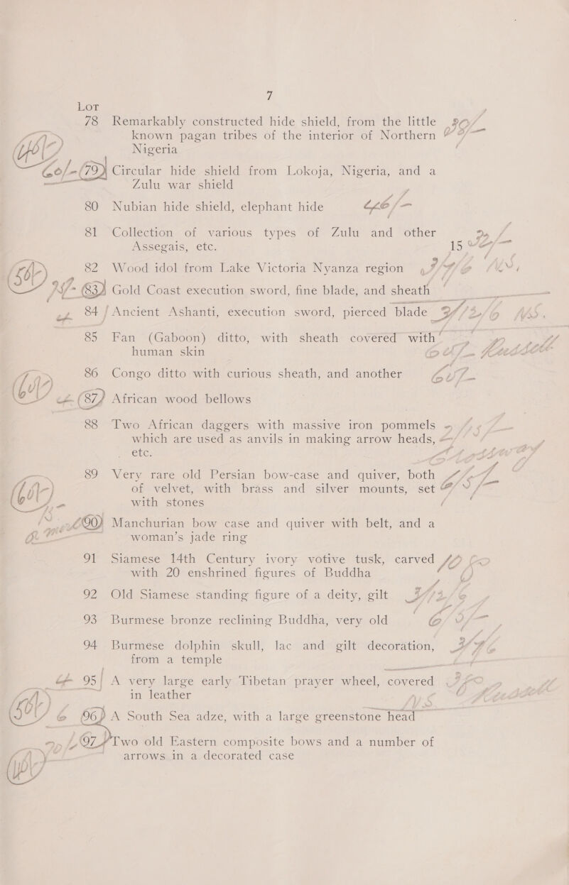 Lor 78 Remarkably constructed hide shield, from the little soy {27 eee Fe known pagan tribes of the interior of Northern + / ig / Nigeria CLF fing : . ; : ‘ ; GO/-(/94 Circular hide shield from Lokoja, Nigeria, and a ee Zulu war shield Sa 80 Nubian hide shield, elephant hide “6 /- ol Collection ol watious typés or- Zulu and “other 2s Assegais, etc. 15 “a &amp; cb -) 82 Wood idol from Lake Victoria Nyanza region ~I/W@ iw at Me ms ’ Fe, A7- CD Gold Coast execution sword, fine blade; and sheath OY cas / Ancient Ashanti, execution. sword, pierced blade YW, ‘2 85 Fan (Gaboon) ditto, with sheath covered with! human skin me hy ; 86 Congo ditto with curious sheath, and another Ly ‘he ff iH Saale: OE SF ee ee : ~ ” cf (874 African wood bellows 88 Two African daggers with massive iron pommels - which are used as anvils in making arrow heads, = etc. 7 4 / —. 89 Very rare old Persian bow-case and quiver, both “ZA “a fT I] af velvet, witht brass and silver ‘mounts, set 7 ¥ 7- # } ae, wh with stones é (“£00 Manchurian bow case and quiver with belt, and a ) Bie woman’s jade ring Ol Siamese 14th Century ivory. votive tusk, carved fH Ce with 20 enshrined figures of Buddha ee O2 Old Siamese ‘Standing fignre of 2 deity, eilt ~ 3 (24 93 Burmese bronze reclining Buddha» very old G/- 94 Burmese dolphin skull, lac and gilt decoration, Ss from a temple . if 95 | A very large early Tibetan prayer wheel, covered L.A s in leather 64, &amp; 6) A South Sea adze, with a large greenstone head 2h ae old Eastern composite bows and a number of arrows in a decorated case 