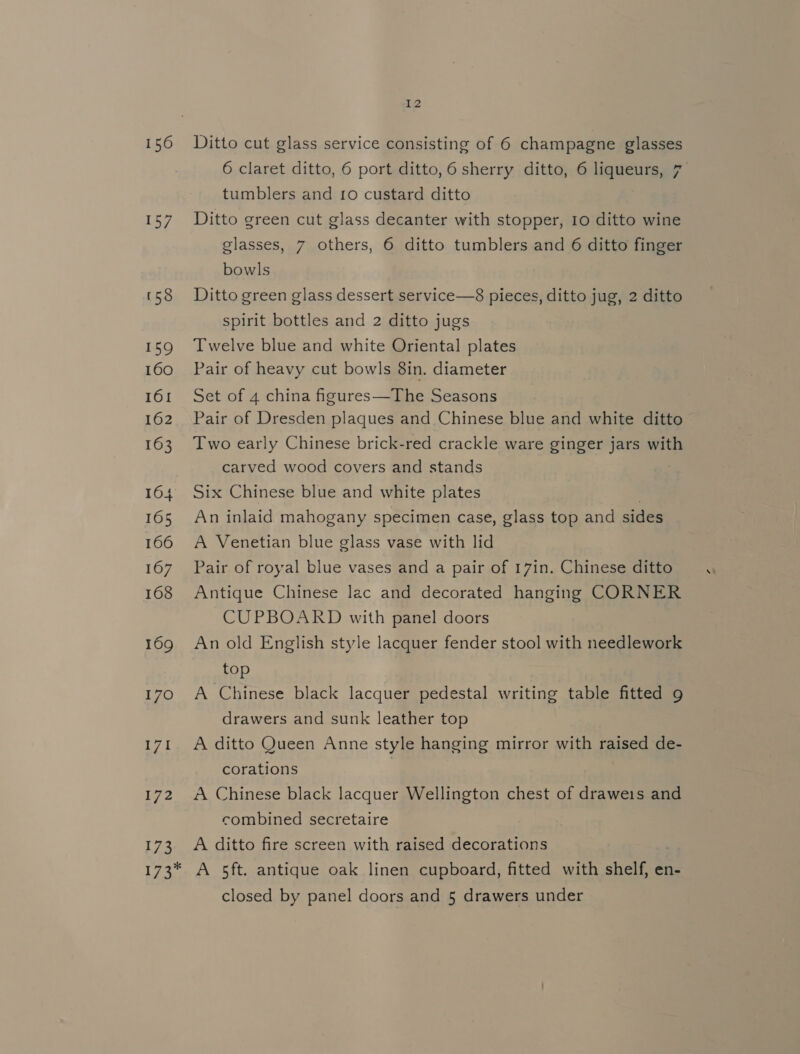 156 157 (58 159 160 161 162 163 164 165 166 167 168 169 170 I7I 172 173 I2 Ditto cut glass service consisting of 6 champagne glasses 6 claret ditto, 6 port ditto, 6 sherry ditto, 6 liqueurs, 7 tumblers and 10 custard ditto Ditto green cut glass decanter with stopper, 10 ditto wine glasses, 7 others, 6 ditto tumblers and 6 ditto finger bowls Ditto green glass dessert service—8 pieces, ditto jug, 2 ditto spirit bottles and 2 ditto jugs Twelve blue and white Oriental plates Pair of heavy cut bowls 8in. diameter Set of 4 china figures—The Seasons Pair of Dresden plaques and Chinese blue and white ditto Two early Chinese brick-red crackle ware ginger jars with carved wood covers and stands Six Chinese blue and white plates An inlaid mahogany specimen case, glass top and sides A Venetian blue glass vase with lid Pair of royal blue vases and a pair of 17in. Chinese ditto Antique Chinese lac and decorated hanging CORNER CUPBOARD with panel doors An old English style lacquer fender stool with needlework top A Chinese black lacquer pedestal writing table fitted 9 drawers and sunk leather top A ditto Queen Anne style hanging mirror with raised de- corations , A Chinese black lacquer Wellington chest of draweis and combined secretaire A ditto fire screen with raised decorations closed by panel doors and § drawers under