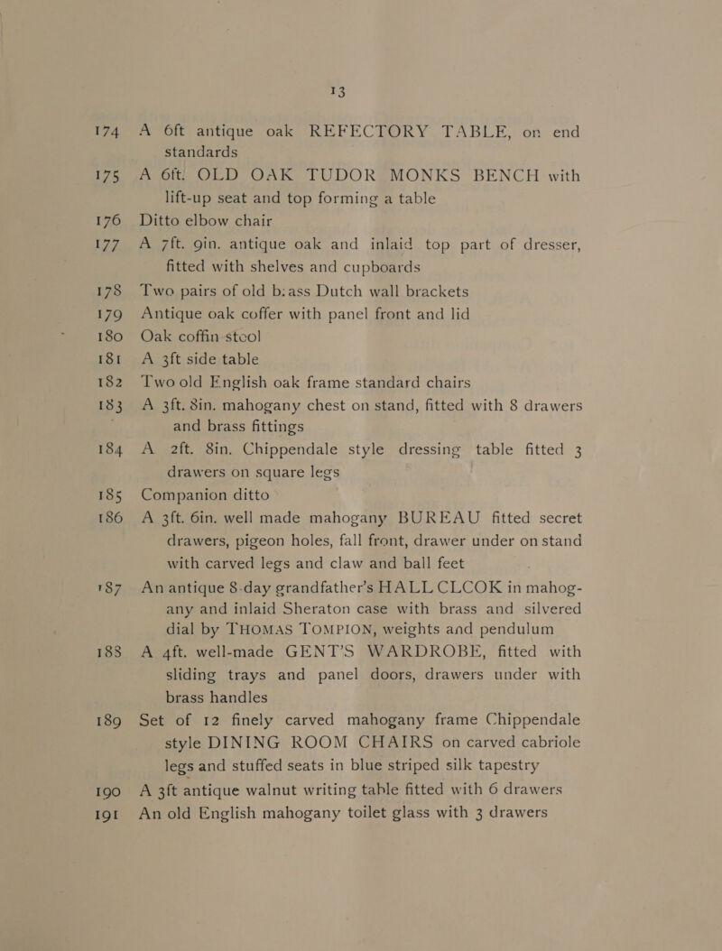 174 175 176 177 178 179 180 181 182 183 184 185 186 188 189 190 IQI 13 A O6ft antique oak REFECTORY TABLE, on end standards A 6ft OLD OAK TUDOR MONKS BENCH with lift-up seat and top forming a table Ditto elbow chair A 7ft. gin. antique oak and inlaid top part of dresser, fitted with shelves and cupboards Two pairs of old b:ass Dutch wall brackets Antique oak coffer with panel front and lid Oak coffin stcol A 3ft side table Two old English oak frame standard chairs A 3ft. 3in. mahogany chest on stand, fitted with 8 drawers and brass fittings A. 2ft. 8in. Chippendale style dressing table fitted 3 drawers on square legs Companion ditto A 3ft. 6in. well made mahogany BUREAU fitted secret drawers, pigeon holes, fall front, drawer under on stand with carved legs and claw and ball feet An antique 8-day grandfathers HALL CLCOK in mahog- any and inlaid Sheraton case with brass and silvered dial by THOMAS TOMPION, weights and pendulum A aft. well-made GENT’S WARDROBE, fitted with sliding trays and panel doors, drawers under with brass handles Set of 12 finely carved mahogany frame Chippendale style DINING ROOM CHAIRS on carved cabriole legs and stuffed seats in blue striped silk tapestry A 3ft antique walnut writing table fitted with 6 drawers An old English mahogany toilet glass with 3 drawers