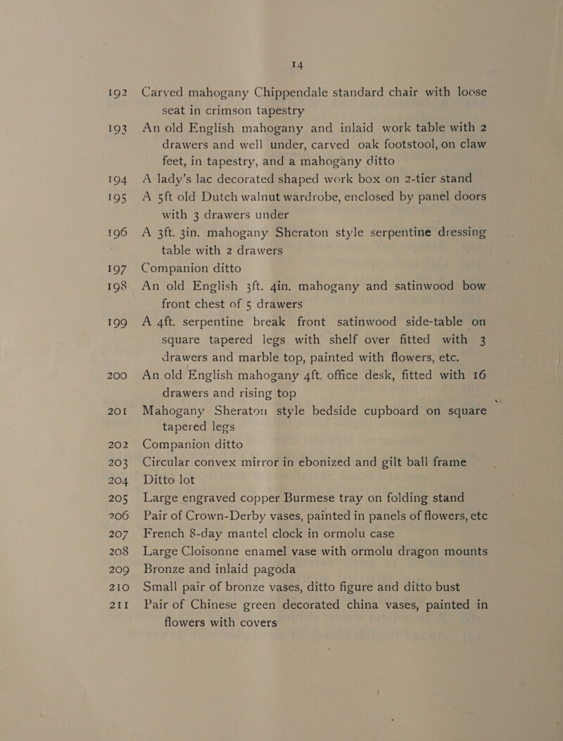 194 195 196 197 198 199 201 202 203 204. 205 206 207 208 209 210 25% 14 Carved mahogany Chippendale standard chair with loose seat in crimson tapestry An old English mahogany and inlaid work table with 2 drawers and well under, carved oak footstool, on claw feet, in tapestry, and a mahogany ditto A lady’s lac decorated shaped work box on 2-tier stand A 5ft old Dutch walnut wardrobe, enclosed by panel doors with 3 drawers under A 3ft. 3in. mahogany Sheraton style serpentine dressing table with 2 drawers Companion ditto An old English 3ft. 4in. mahogany and satinwood bow front chest of 5 drawers A 4ft. serpentine break front satinwood side-table on square tapered legs with shelf over fitted with 3 drawers and marble top, painted with flowers, etc. An old English mahogany 4ft. office desk, fitted with 16 drawers and rising top Mahogany Sheraton style bedside cupboard on square tapered legs : Companion ditto Circular convex mirror in ebonized and gilt ball frame Ditto lot Large engraved copper Burmese tray on folding stand Pair of Crown-Derby vases, painted in panels of flowers, etc French 8-day mantel clock in ormolu case Large Cloisonne enamel vase with ormolu dragon mounts Bronze and inlaid pagoda Small pair of bronze vases, ditto figure and ditto bust Pair of Chinese green decorated china vases, painted in flowers with covers