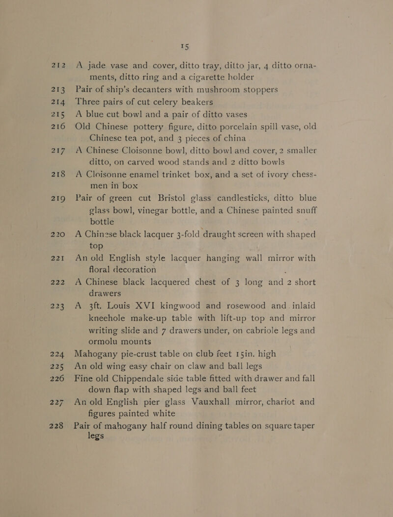 Ria 213 214 215 216 217 218 219 222 T5 A jade vase and cover, ditto tray, ditto jar, 4 ditto orna- ments, ditto ring and a cigarette holder Pair of ship’s decanters with mushroom stoppers Three pairs of cut celery beakers A blue cut bowl and a pair of ditto vases Old Chinese pottery figure, ditto porcelain spill vase, old Chinese tea pot, and 3 pieces of china A Chinese Cloisonne bowl, ditto bowl and cover, 2 smaller ditto, on carved wood stands and 2 ditto bowls A Cloisonne enamel trinket box, and a set of ivory chess- men in box Pair of green cut Bristol glass candlesticks, ditto blue glass bowl, vinegar bottle, and a Chinese painted snuff bottle A Chinese black lacquer 3-fold draught screen with shaped top An old English style lacquer hanging wall mirror with floral decoration A Chinese black lacquered chest of 3 long and 2 short drawers A 3ft. Louis XVI kingwood and rosewood and. inlaid kneehole make-up table with lift-up top and mirror writing slide and 7 drawers under, on cabriole legs and ormolu mounts | Mahogany pie-crust table on club feet 15in. high An old wing easy chair on claw and ball legs Fine old Chippendale side table fitted with drawer and fall down flap with shaped legs and ball feet An old English pier glass Vauxhall mirror, chariot and figures painted white Pair of mahogany half round dining tables on square taper legs