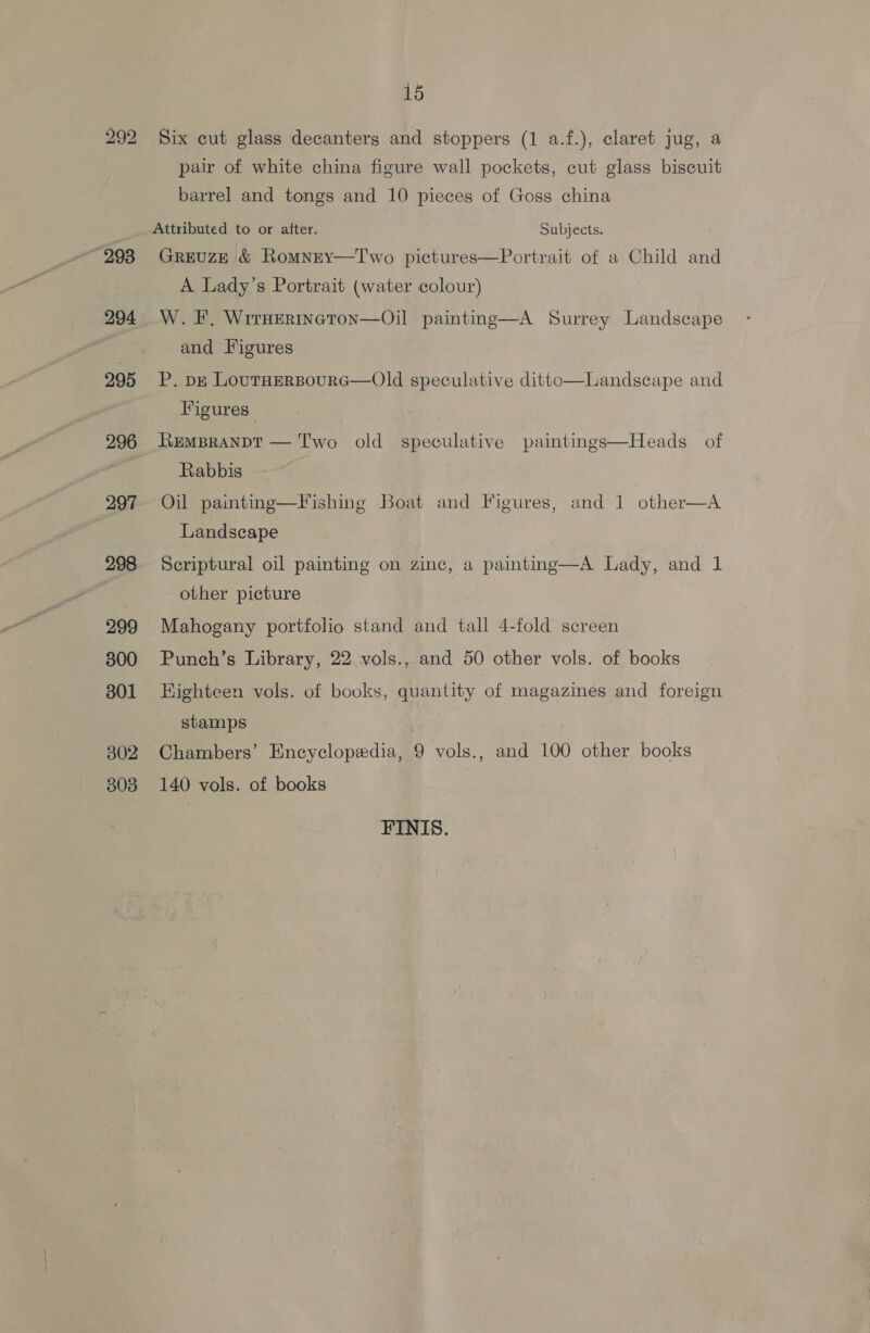 292 293 295 296 297 298 299 300 301 302 303 15 Six cut glass decanters and stoppers (1 a.f.), claret jug, a pair of white china figure wall pockets, cut glass biscuit barrel and tongs and 10 pieces of Goss china Attributed to or after. Subjects. GREUZE &amp; RomnEY—Two pictures—Portrait of a Child and A Lady’s Portrait (water colour) W. FF, WirHertncton—Oil painting—A Surrey Landscape and Figures P. pg LoutHERBOURG—Old speculative ditto  Landscape and Figures RemBranpt — Two old speculative paintings—Heads of Rabbis Oil painting—Fishing Boat and Figures, and 1 other—A  Landscape Scriptural oil painting on zinc, a paintng—A Lady, and 1 other picture | Mahogany portfolio stand and tall 4-fold screen Punch’s Library, 22 vols., and 50 other vols. of books Kighteen vols. of books, quantity of magazines and foreign stamps Chambers’ Encyclopedia, 9 vols., and 100 other books 140 vols. of books FINIS.