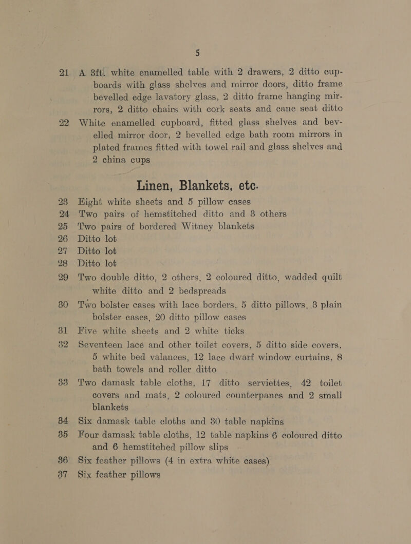 21 22 24 25 26 27 28 el” 33 34 35 36 37 5 A 8ft, white enamelled table with 2 drawers, 2 ditto cup- boards with glass shelves and mirror doors, ditto frame bevelled edge lavatory glass, 2 ditto frame hanging mir- rors, 2 ditto chairs with cork seats and cane seat ditto White enamelled cupboard, fitted glass shelves and bev- elled mirror door, 2' bevelled edge bath room mirrors in plated frames fitted with towel rail and glass shelves and 2 china cups Linen, Blankets, etc. Hight white sheets and 5 pillow cases Two pairs of hemstitched ditto and 8 others Two pairs of bordered Witney blankets Ditto lot Ditto lot Ditto lot Two double ditto, 2 others, 2 coloured ditto, wadded quilt white ditto and 2 bedspreads Two bolster cases with lace borders, 5 ditto pillows, 8 plain bolster cases, 20 ditto pillow cases Five white sheets and 2 white ticks Seventeen lace and other toilet covers, 5 ditto side covers, 5 white bed valances, 12 lace dwarf window curtains, 8 bath towels and roller ditto Two damask table cloths, 17 ditto serviettes, 42° toilet covers and mats, 2 coloured counterpanes and 2 small blankets | Six damask table cloths and 80 table napkins Four damask table cloths, 12 table napkins 6 coloured ditto and 6 hemstitched pillow slips Six feather pillows (4 in extra white cases) Six feather pillows :