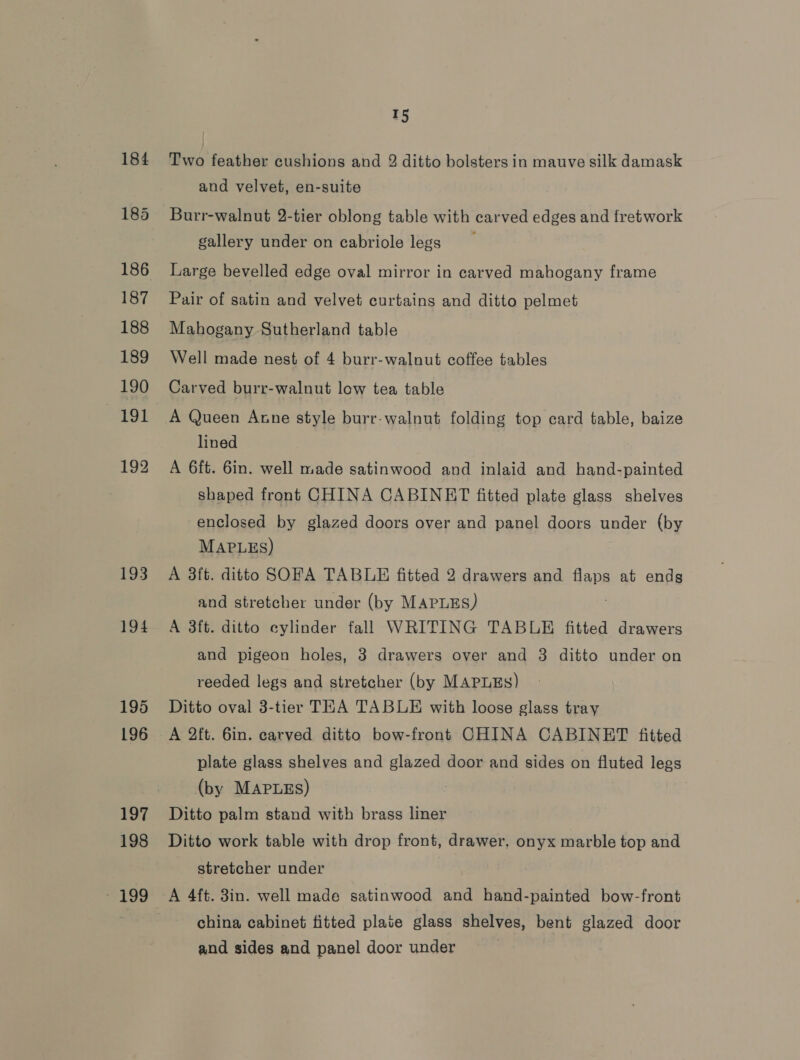 186 187 188 189 190 191 192 193 194 195 196 197 198 - 199 15 Two feather cushions and 2 ditto bolsters in mauve silk damask and velvet, en-suite Burr-walnut 2-tier oblong table with carved edges and fretwork gallery under on cabriole legs Large bevelled edge oval mirror in carved mahogany frame Pair of satin and velvet curtains and ditto pelmet Mahogany Sutherland table Well made nest of 4 burr-walnut coffee tables Carved burr-walnut low tea table A Queen Anne style burr-walnut folding top card table, baize lined A 6ft. 6in. well made satinwood and inlaid and hand-painted shaped front CHINA CABINET fitted plate glass shelves enclosed by glazed doors over and panel doors under (by MAPLES) A 3ft. ditto SOFA TABLE fitted 2 drawers and flaps at endg and stretcher under (by MAPLES) A 3ft. ditto cylinder fall WRITING TABLE fitted drawers and pigeon holes, 3 drawers over and 3 ditto under on reeded legs and stretcher (by MAPLES) Ditto oval 3-tier TEA TABLE with loose glass tray A 2ft. 6in. carved ditto bow-front CHINA CABINET fitted plate glass shelves and glazed door and sides on fluted legs (by MAPLEs) Ditto palm stand with brass liner Ditto work table with drop front, drawer, onyx marble top and stretcher under A 4ft. 3in. well made satinwood and hand-painted bow-front china cabinet fitted plate glass shelves, bent glazed door and sides and panel door under