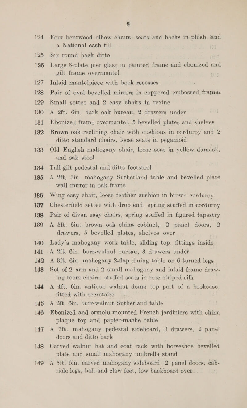 125 127 128 129 1380 131 1382 133 134 185 136 187 138 139 140 14] 142 143 144 145 146 147 148 149 8 Four bentwood elbow chairs, seats and backs in plush, and a National cash till Six round back ditto | Oy Large 8-plate pier glass in painted frame and ebonized and gilt frame overmantel Inlaid mantelpiece with book recesses Pair of oval bevelled mirrors in coppered embossed frames Small settee and 2 easy chairs in rexine A 2ft. 6in. dark oak bureau, 2 drawers under Ebonized frame overmantel, 5 bevelled plates and shelves Brown oak reclining chair with cushions in corduroy and 2 ditto standard chairs, loose seats in pegamoid Old English mahogany chair, loose seat in yellow damask, and oak stool Tall gilt pedestal and ditto footstool A 2ft. 8in. mahogany Sutherland table and bevelled plate wall mirror in oak frame Wing easy chair, loose feather cushion in brown corduroy Chesterfield settee with drop end, spring stuffed in corduroy Pair of divan easy chairs, spring stuffed in figured tapestry A dft. 6in: brown oak china cabinet, 2 panel doors, 2 drawers, 5 bevelled plates, shelves over Lady’s mahogany work table, sliding top, fittings ae | A 2ft. 6in. burr-walnut bureau, 3 drawers under A 8ft. 6in. mahogany 2-flap dining table on 6 turned legs Set of 2 arm and 2 small mahogany and inlaid frame draw- ing room chairs, stuffed seats in rose striped silk A 4ft. 6in. antique walnut dome top part of a bookcase, fitted with secretaire A 2ft. 6in. burr-walnut Sutherland table Ebonized and ormolu mounted French jardiniere with china plaque top and papier-mache table A 7ft. mahogany pedestal sideboard, 3 eee 2 panel doors and ditto back Carved walnut hat and coat rack oh horseshoe bevelled plate and small mahogany umbrella stand A 8ft. Gin. carved mahogany sideboard, 2 panel doors, eab- riole legs, ball and claw feet, low backboard over.