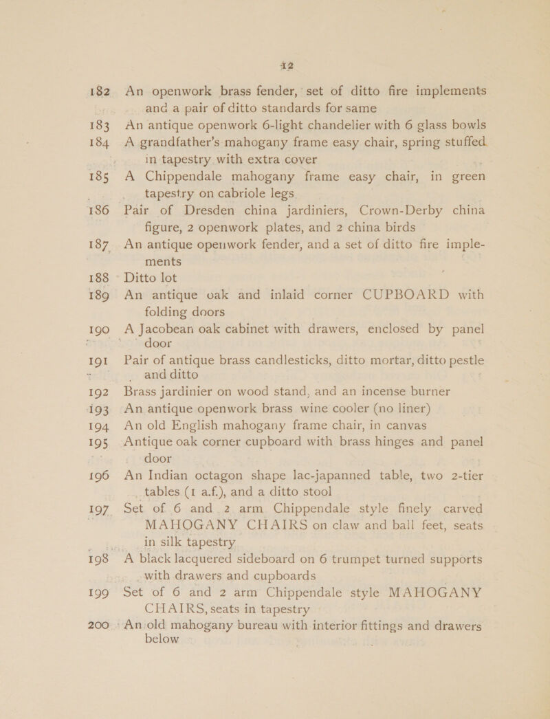 182 183 184 187 188 189 190 IQI 192 193 194 195 196 199 A2 An openwork brass fender, set of ditto fire implements _.and a pair of ditto standards for same An antique openwork 6-light chandelier with 6 glass bowls A grandfather’s mahogany frame easy chair, spring stuffed. in tapestry with extra cover Scie A Chippendale mahogany frame easy chair, in green tapestry on cabriole legs. Pair of Dresden china jardiniers, Crown-Derby china figure, 2 openwork plates, and 2 china birds © An antique openwork fender, and a set of ditto fire imple- ments , Ditto lot An antique oak and inlaid corner CUPBOARD with folding doors A Jacobean oak cabinet with drawers, enclosed by panel door Pair of antique brass candlesticks, ditto mortar, ditto peste and ditto Brass jardinier on wood stand, and an incense burner An antique openwork brass wine cooler (no liner) An old English mahogany frame chair, in canvas Antique oak corner cupboard with brass hinges and panel door An Indian octagon shape lac-japanned table, two 2-tier _ tables (1 a.f.), and a ditto stool | Set of 6 and 2 arm Chippendale style finely carved MAHOGANY CHAIRS on claw and ball feet, seats _in silk tapestry - with drawers and cupboards Set of 6 and 2 arm Chippendale style MAHOGANY CHAIRS, seats in tapestry An.old mahogany bureau with interior fittings and drawers below