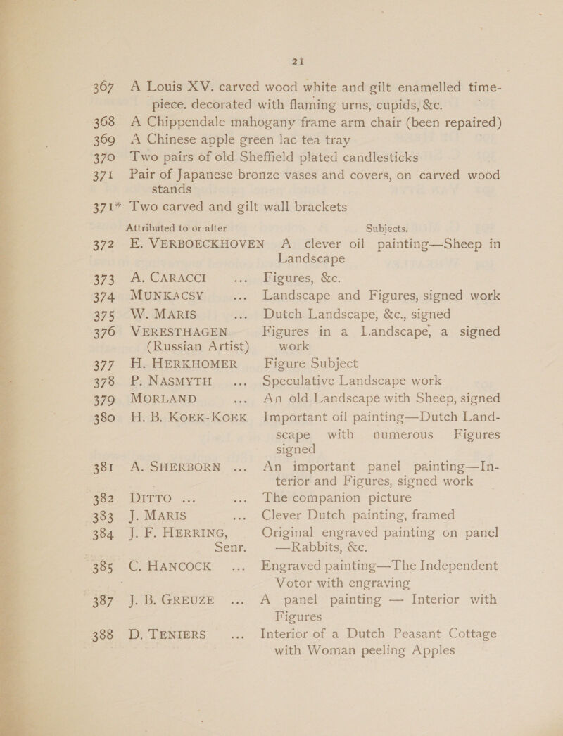 21  367. A Louis XV. carved wood white and gilt enamelled time- ‘piece. decorated with flaming urns, cupids, &amp;c. -368 A Chippendale mahogany frame arm chair (been repaired) % 369 &lt;A Chinese apple green lac tea tray . 370 Two pairs of old Sheffield plated candlesticks = 371 Pair of Japanese bronze vases and covers, on carved wood . stands a 371* Two carved and gilt wall brackets Attributed to or after Subjects. 372 E. VERBOECKHOVEN A clever oil painting—Sheep in Landscape 373 A. CARACCI ima ates, SIC: 374. MUNKACSY ... Landscape and Figures, signed work 375 W. MARIS ... Dutch Landscape, &amp;c., signed 376 VERESTHAGEN Figures in a Landscape, a_ signed (Russian Artist) work 377 H.HERKHOMER _ Figure Subject 378 P. NASMYTH .... Speculative Landscape work 379 MORLAND ... An old Landscape with Sheep, signed : 380 H.B. KoEK-KoEK Important oil painting—Dutch Land- a scape with numerous’ Figures = signed « 381 A. SHERBORN ... An important panel painting—In- ee terior and Figures, signed work a Bae2 DITTO... ... Lhe companion picture 4 2303. .).. MARIS ... Clever Dutch painting, framed 4 384 J. F. HERRING, — Original engraved painting on panel — is Senr, - —Rabbits, &amp;c. 3 ~38¢ C. Hancock ... Engraved painting—The Independent | Votor with engraving 387 J.B.GREUZE ... A panel painting — Interior with Figures 700 DD TENIERS ... Interior of a Dutch Peasant Cottage bia . with Woman peeling Apples 