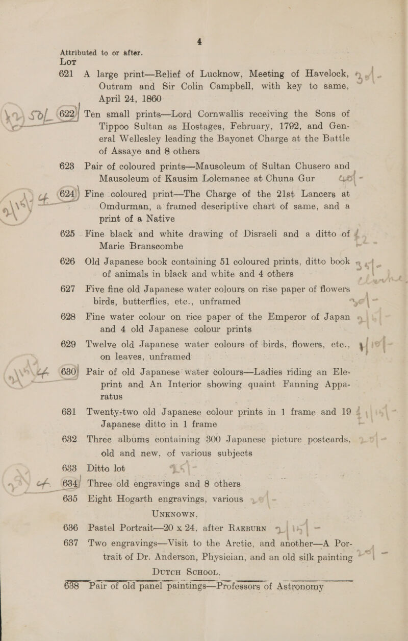 Attributed to or after. Lot 621 A large print—Relief of Lucknow, Meeting of Havelock, « Outram and Sir Colin Compe! with key to same, April 24, 1860 VTA § OL 622) Ten small prints—Lord Cornwallis receiving the Sons of (ooo Tippoo Sultan as Hostages, February, 1792, and Gen- eral Wellesley leading the Bayonet Charge at the Battle of Assaye and 8 others  623. Pair of coloured prints—Mausoleum of Sultan Chusero and Mausoleum of Kausim Lolemanee at Chuna Gur 7 - io a7! 624) Fine coloured print—The Charge of the 2lst Lancers at A\VA\ aes Omdurman, a‘framed descriptive chart of same, and a a. print of a Native 625 . Fine black and white drawing of Disraeli and a ditto of ¢ Marie Branscombe s 626 Old Japanese book containing 51 coloured prints, ditto book » - of animals in black and white and 4 others 627 Five fine old Japanese water colours on rise paper of flowers 628 Fine water colour on rice paper of the Emperor of Japan ; and 4 old Japanese colour prints | on leaves, unframed: | mi a 630) Pair of old Japanese’ water colours—Ladies riding an Ele- 2, *_gecoeanat print and An Interior showing quaint Fanning Appa- — ratus a 681 Twenty-two old Je apanese colour prints in | frame and 19 4 , Japanese ditto in 1 frame | 632 Three albums containing 300 Japanese picture postcards, old and new, of various subjects 638 Ditto lot he of. 634) Three old engravings and 8 others Ce RB Hight es engravings, various UNKNowN. 636 Pastel Portrait—20 x 24, after Rampurn 1114 | Lc 637 Two engravings—Visit to the Arctic, and sneer KM Por- trait of Dr. Anderson, Physician, and an old silk painting “| Dutcu ScHoov. : 638 Pair of old panel paintings—Professors of Astronomy